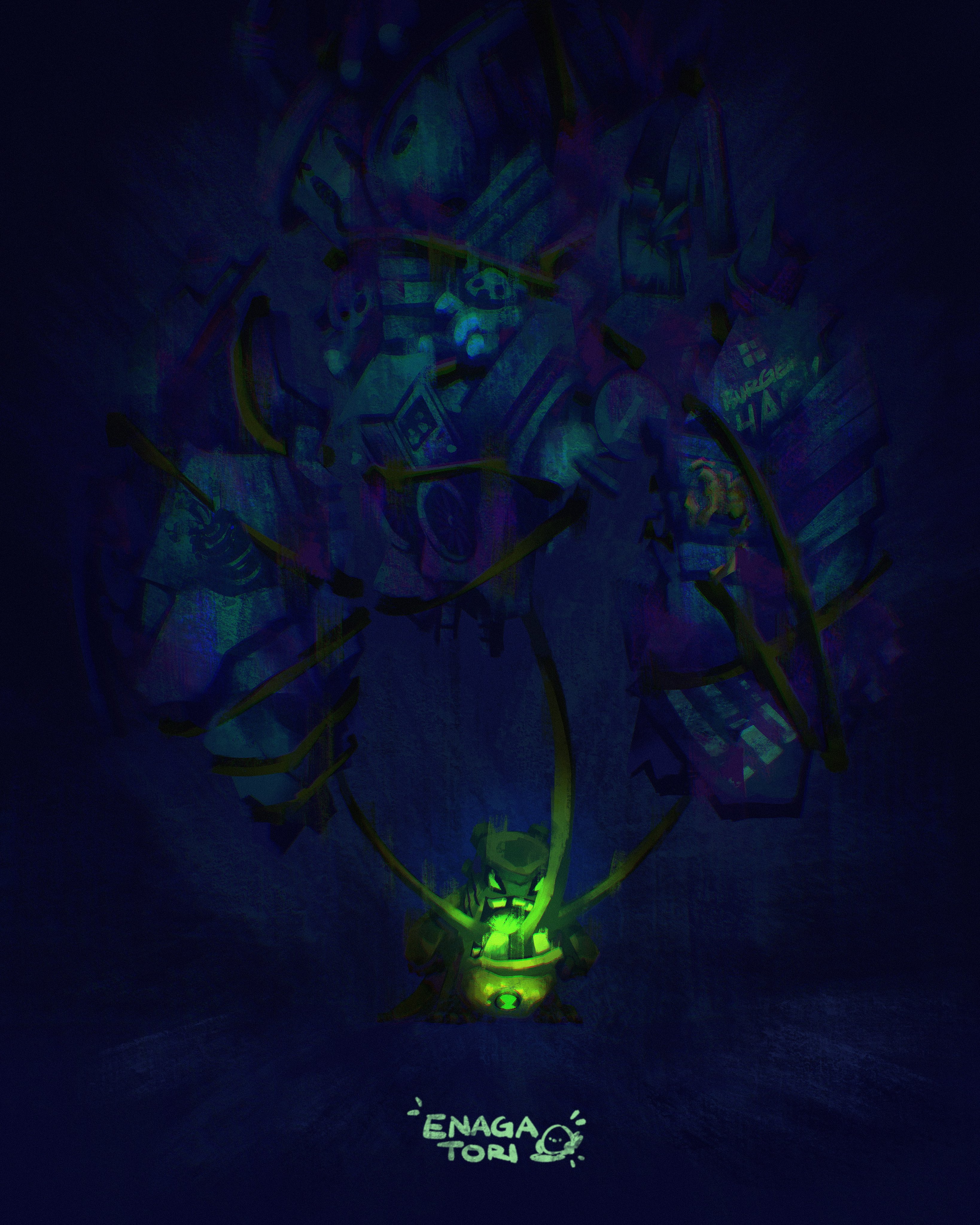 enagatori 38, ben 10, ben 10: alien force, absurdres, commentary, english commentary, highres, 1boy, chromatic aberration, colored skin, dark, eating, glowing, green eyes, green skin, holding, male focus, omnitrix, signature, solo, stuffed animal, stuffed toy, teddy bear, tentacles, upchuck