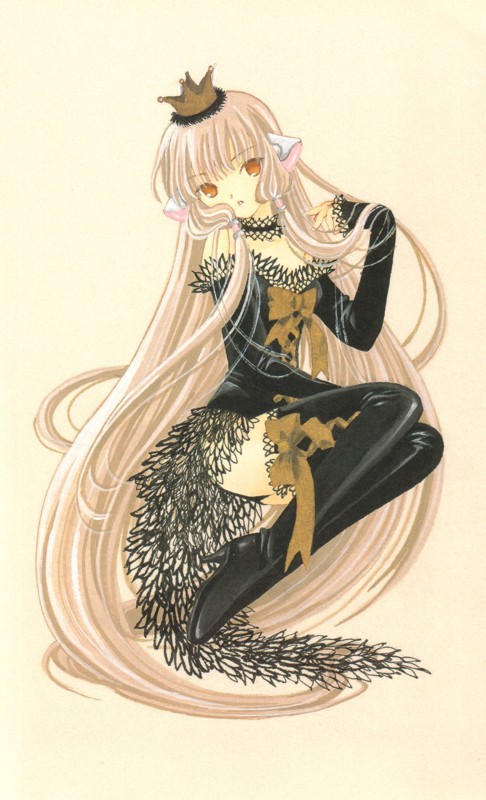clamp, chii, freya, freya (chobits), chobits, 00s, 1girl, :o, bare shoulders, black boots, black dress, boots, bow, choker, crown, dress, female focus, full body, hair tubes, hat, head tilt, high heel boots, high heels, lace, lace-trimmed dress, lace trim, long hair, looking at viewer, off shoulder, orange eyes, pink hair, ribbon, simple background, solo, thigh boots, thighhighs, very long hair