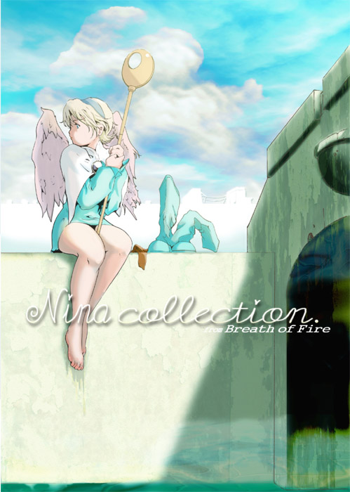 okazuwa shake, nina (breath of fire iv), breath of fire, breath of fire iv, 1girl, angel wings, barefoot, blonde hair, blue eyes, boots, dress, pantyhose, short hair, thighs, wand, white wings, wings