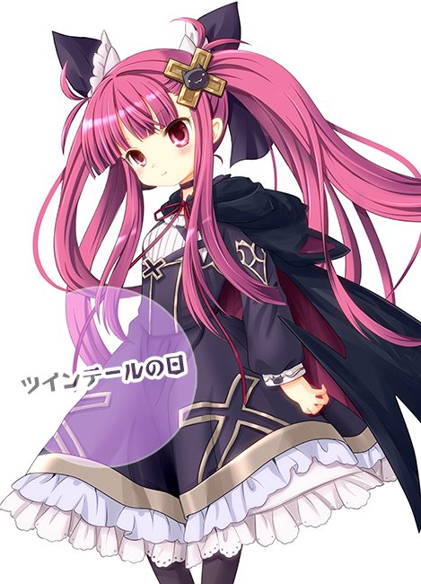 akino sakura, alucard lore, emil chronicle online, 1girl, black bow, black cloak, black dress, black thighhighs, bow, breasts, cloak, cross hair ornament, dress, frilled bow, frilled dress, frills, hair bow, hair ornament, long hair, purple hair, red cloak, red eyes, small breasts, solo, thighhighs, twintails, twintails day, two-sided cloak, two-sided fabric, two-tone dress, white background, white dress