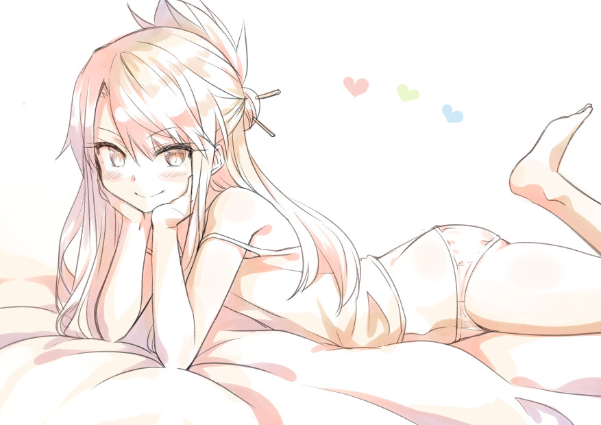 cura, chloe von einzbern, fate/kaleid liner prisma illya, fate (series), commentary request, 1girl, barefoot, blush, camisole, head rest, long hair, looking at viewer, lying, on stomach, panties, sketch, smile, solo, underwear