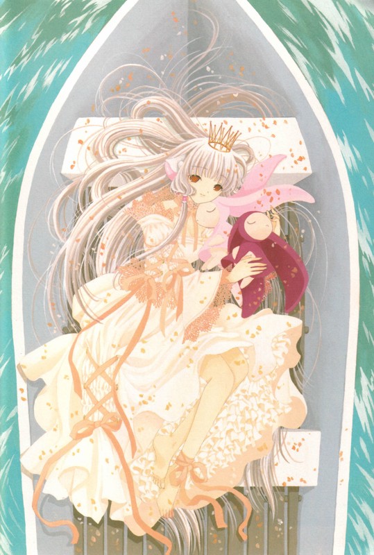 clamp, chii, chobits, 00s, 1girl, boat, crown, dress, female focus, hair spread out, long hair, ribbon, solo, very long hair, water, watercraft