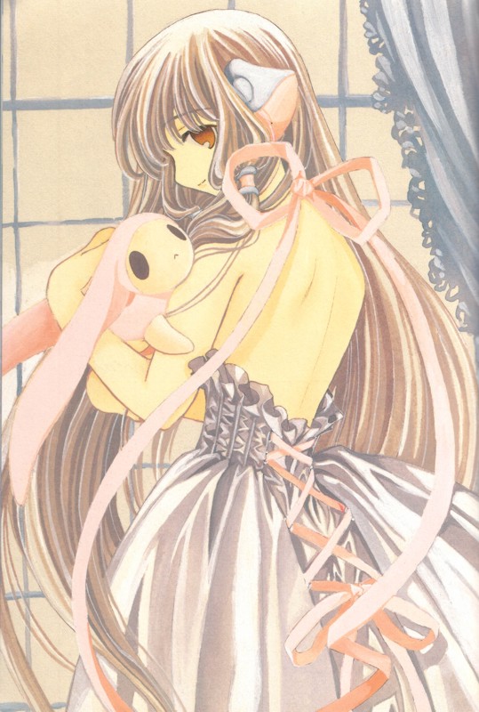 clamp, chii, pda (chobits), chobits, 00s, 1girl, back, bare back, doll, dress, female focus, long hair, ribbon, solo