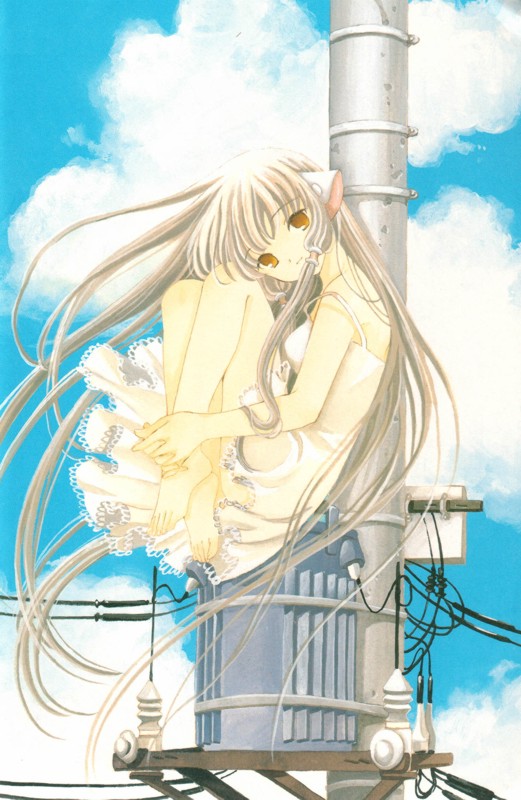clamp, chii, chobits, 00s, 1girl, barefoot, blonde hair, cloud, day, dress, female focus, from side, hair tubes, head tilt, hugging own legs, interlocked fingers, light smile, long hair, looking at viewer, orange eyes, outdoors, power lines, robot ears, sidelocks, sitting, sky, sleeveless, sleeveless dress, solo, strap slip, sundress, utility pole, very long hair, white dress, wind