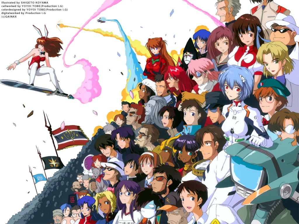 koyama shigeto, aida kensuke, akagi ritsuko, amano kazumi, amarao, aoba shigeru, arima souichirou, ayanami rei, canti, daicon bunny girl, electra (nadia), fuyutsuki kouzou, gargoyle (nadia), grandis granva, hanson, haruhara haruko, hyuuga makoto, ibuki maya, ikari gendou, ikari shinji, ikolina (nadia), jean roque lartigue, jean roque raltique, kaji ryouji, katsuragi misato, king (nadia), kitsurubami, koichiro ohta, lilith (evangelion), miyazawa yukino, nadia la arwall, nagisa kaworu, nandaba kamon, nandaba naota, nandaba shigekuni, neo ikon epiphanes, ninamori eri, oota kouichirou, riquinni nonderaiko, samejima mamimi, sanson (nadia), seele (evangelion), shirotsugh lhadatt, souryuu asuka langley, suzuhara touji, takaya noriko, daicon, daicon iv, flcl, fushigi no umi no nadia, gainax, honneamise no tsubasa, kareshi kanojo no jijou, neon genesis evangelion, top wo nerae!, top wo nerae! (series), 1980s (style), annotation request, character request, 00s, 1990s (style), 6+boys, 6+girls, age difference, animal ears, blue hair, company connection, crossover, everyone, fake animal ears, father and son, flag, flying, glasses, goggles, goggles on head, group picture, hat, headband, humanoid robot, interface headset (evangelion), kiyokawa motomu, leotard, mecha pilot suit, multiple boys, multiple crossover, multiple girls, oldschool, pantyhose, playboy bunny, plugsuit (evangelion), rabbit ears, retro artstyle, robot, science fiction, sunglasses, surfing, voice actor connection, white pantyhose