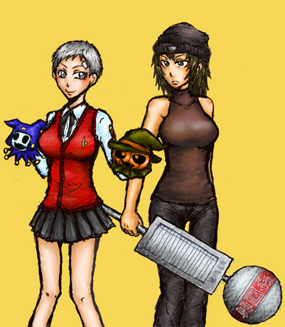 shinjiro, aragaki shinjirou, sanada akihiko, atlus, persona, persona 3, lowres, 2girls, bad anatomy, genderswap, genderswap (mtf), multiple girls, poorly drawn, puppet, yellow background
