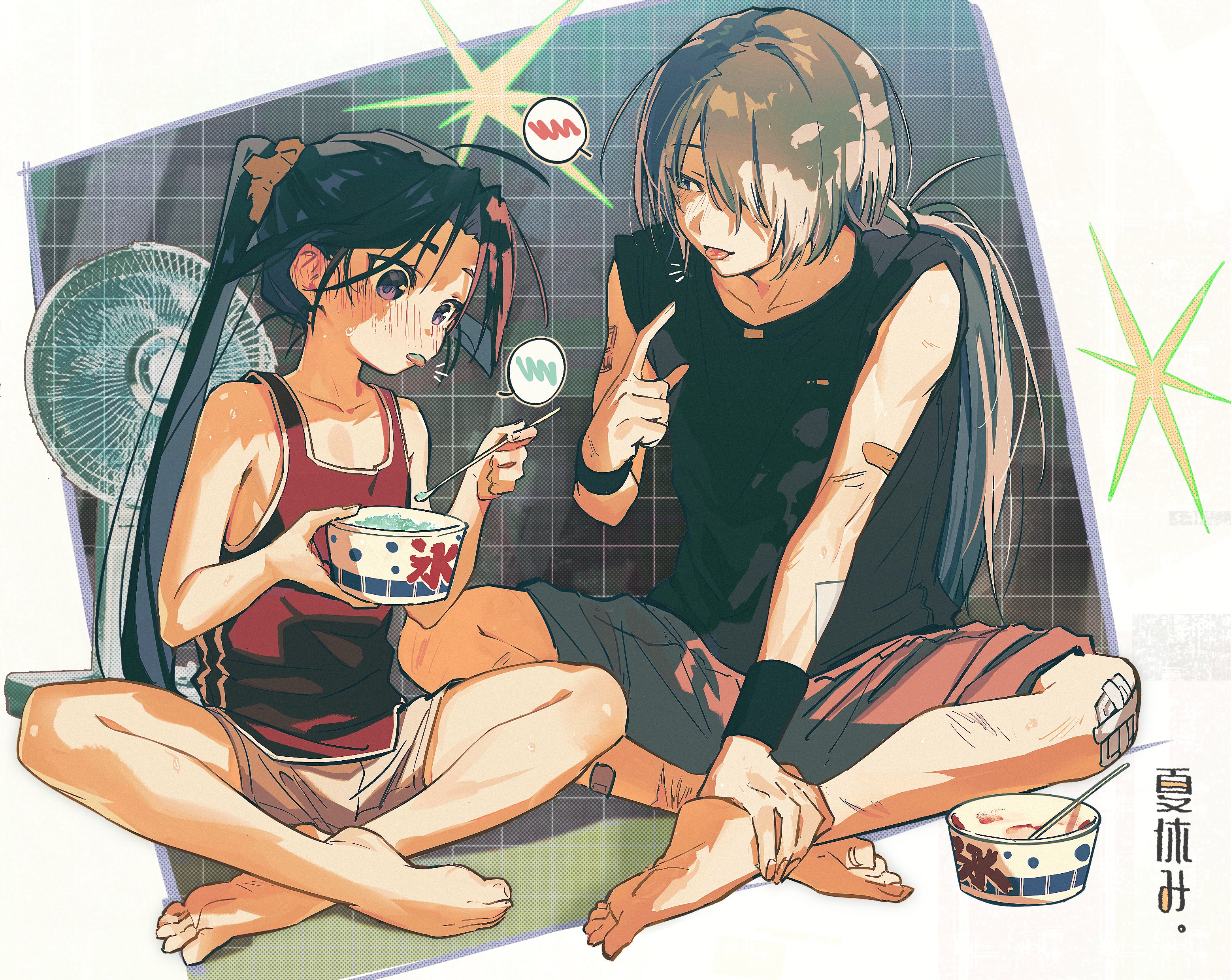 xiao (creation0528), fubuki (nige jouzu no wakagimi), houjou tokiyuki (nige jouzu no wakagimi), nige jouzu no wakagimi, absurdres, highres, 2boys, :p, bandage on knee, bandages, bandaid, bandaid on arm, bandaid on leg, bare arms, bare shoulders, barefoot, black hair, black shirt, blue eyes, bowl, brown shorts, butterfly sitting, collarbone, colored tongue, electric fan, feet, full body, grey hair, hand on own ankle, height difference, holding, holding bowl, holding spoon, hot, long bangs, long hair, looking at another, low ponytail, male focus, multiple boys, one eye covered, parted bangs, patterned background, pointing, pointing at mouth, pointing at self, ponytail, purple eyes, red tank top, scrunchie, shirt, short shorts, shorts, sidelocks, sidelocks tied back, sitting, sleeveless, sleeveless shirt, speech bubble, spoon, sweat, sweatdrop, tank top, tongue, tongue out, white shorts