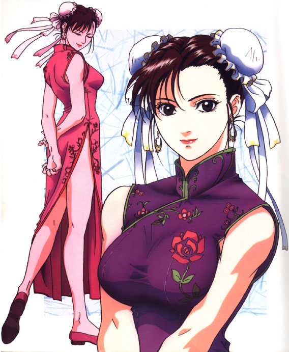 murase shuko, chun-li, capcom, street fighter, street fighter ii (movie), official art, 1girl, ass, bare shoulders, blue background, breasts, brown eyes, brown hair, bun cover, china dress, chinese clothes, covered collarbone, double bun, dress, earrings, hair bun, halterneck, holding own arm, jewelry, kneepits, large breasts, lipstick, looking at viewer, makeup, outside border, purple dress, side slit, simple background, sleeveless, sleeveless dress, thighs, upper body, white background