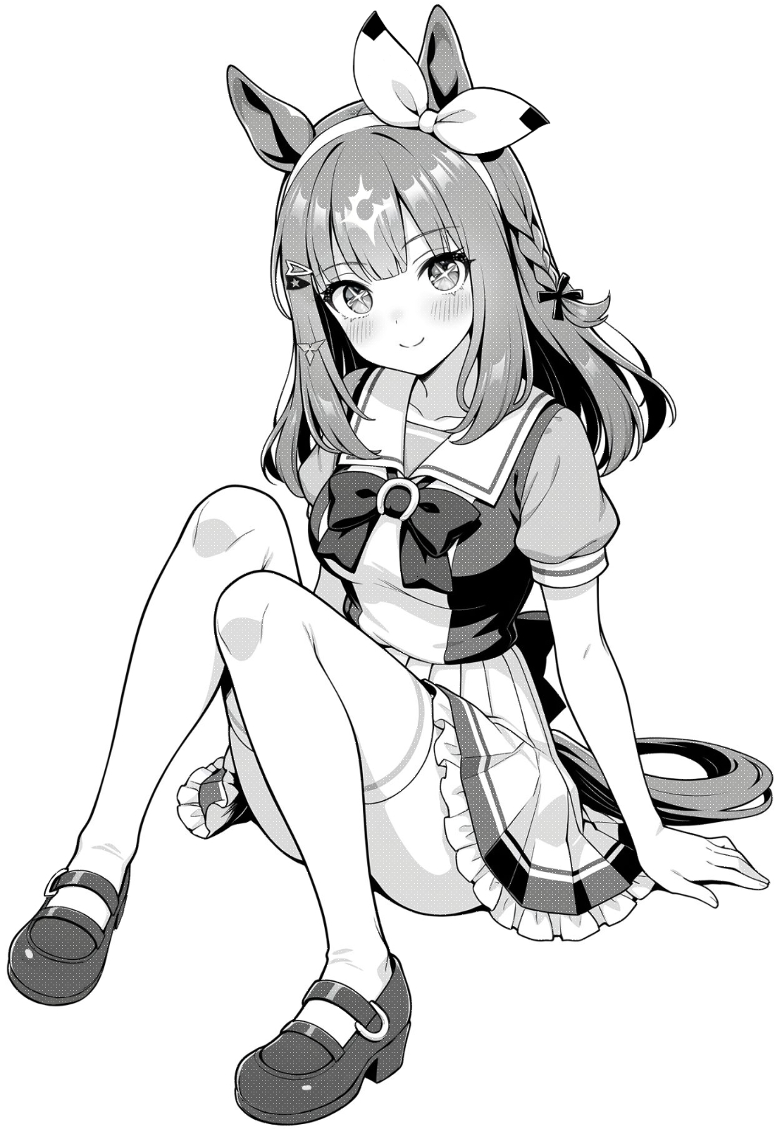 akagi koku, almond eye (umamusume), umamusume, commentary, highres, 1girl, animal ears, back bow, blush, bow, bow hairband, bowtie, braid, breasts, closed mouth, collarbone, frilled skirt, frills, full body, greyscale, hairband, horse ears, horse girl, horse tail, knees up, large breasts, long hair, looking at viewer, monochrome, pleated skirt, sailor collar, school uniform, shirt, shoes, short sleeves, simple background, sitting, skirt, smile, solo, tail, thighhighs, tracen school uniform