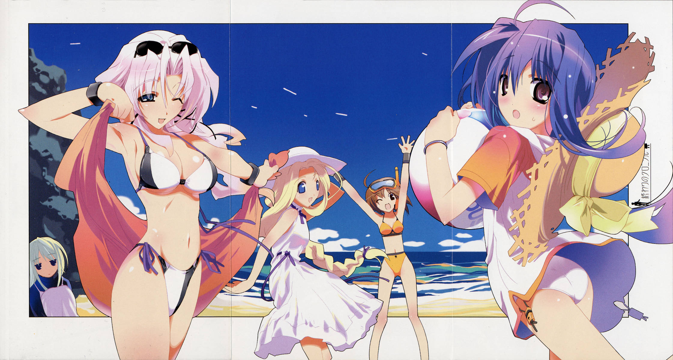 satoyasu, deana zounburuku, diana zonburg, kazami chisato, mikage, mikage (owari no chronicle), shibyure, shinjou sadagiri, owari no chronicle, highres, scan, 5girls, :d, :o, ;d, age difference, ahoge, armpits, arms up, ass, ball, bare shoulders, beach, beachball, bikini, bikini under clothes, black bikini, blonde hair, blue eyes, blue hair, bow, braid, breasts, brown hair, cleavage, cloud, copyright name, crease, day, diving mask, diving mask on head, drawstring, dress, embarrassed, eyewear on head, floating hair, goggles, goggles on head, gradient hair, green hair, hair between eyes, halterneck, hat, hat bow, hood, hood down, hoodie, large breasts, logo, long hair, multicolored hair, multiple girls, navel, ocean, one-piece swimsuit, one eye closed, open mouth, orange bikini, outdoors, outstretched arm, parted bangs, purple eyes, raglan sleeves, rock, sarong, short hair, side-tie bikini bottom, sideboob, single braid, sky, small breasts, smile, snorkel, standing, straw hat, string bikini, sun hat, sundress, sunglasses, surprised, sweatdrop, swimsuit, swimsuit under clothes, turtleneck, underboob, unworn hat, unworn headwear, unworn sarong, very long hair, water, white bikini, white hair, white one-piece swimsuit, wristband