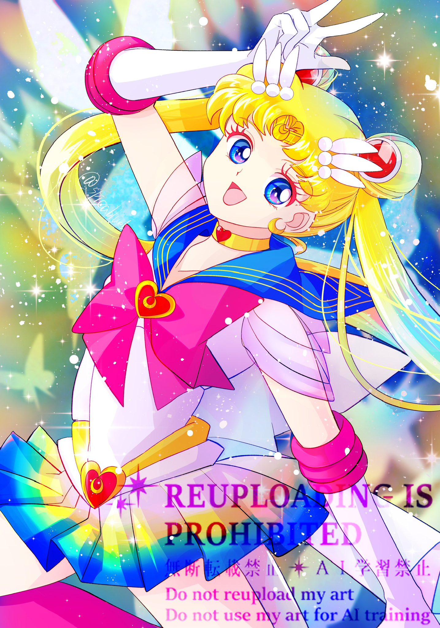 spicablue1, sailor moon, tsukino usagi, bishoujo senshi sailor moon, highres, 1girl, :d, blonde hair, blue eyes, blue sailor collar, bow, bowtie, circlet, crescent, crescent earrings, double bun, earrings, elbow gloves, eyelashes, gloves, hair bun, jewelry, long hair, looking at viewer, open mouth, pleated skirt, red bow, red bowtie, sailor collar, sailor senshi uniform, shirt, skirt, smile, solo, twintails, twitter username, very long hair, w, white gloves, white shirt