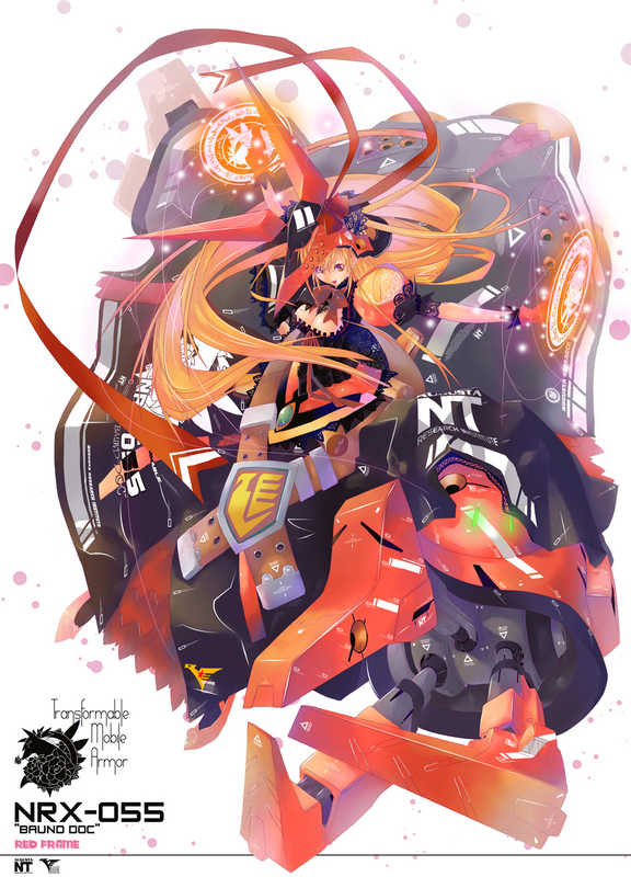 ky (nimbusky), baund doc, gundam, zeta gundam, 1girl, :d, arm up, badge, belt, black dress, blonde hair, bow, breasts, brooch, character name, dress, female focus, floating hair, frills, from above, full body, gloves, glowing, hair between eyes, hair ornament, helmet, jewelry, lace, lace-trimmed dress, lace-trimmed sleeves, lace trim, large breasts, light particles, logo, long hair, looking at viewer, magic circle, mecha musume, open mouth, orange gloves, outstretched arm, puffy short sleeves, puffy sleeves, red bow, red eyes, red hair, red ribbon, ribbon, short sleeves, smile, solo, spikes, string, triangle, very long hair, white background