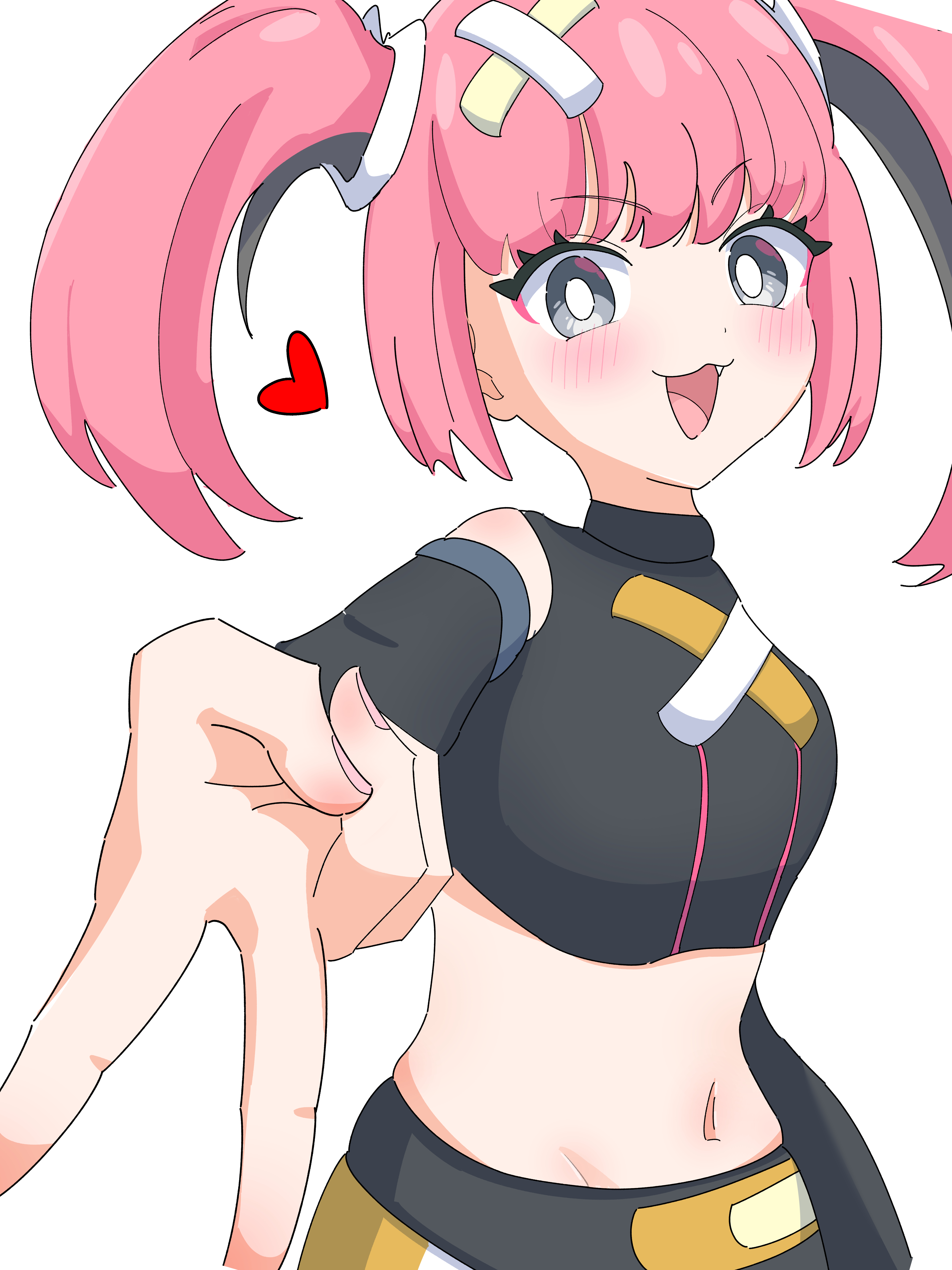 sou (nekomame12345), coral (pokemon), nintendo, pokemon, pokemon (anime), pokemon horizons, absurdres, highres, 1girl, :d, bandaid, bandaid hair ornament, black eyes, black hair, blush, crop top, detached sleeves, fang, gyaru v, hair ornament, heart, looking at viewer, midriff, multicolored hair, navel, open mouth, pink hair, smile, solo, twintails, two-tone hair, v, white background