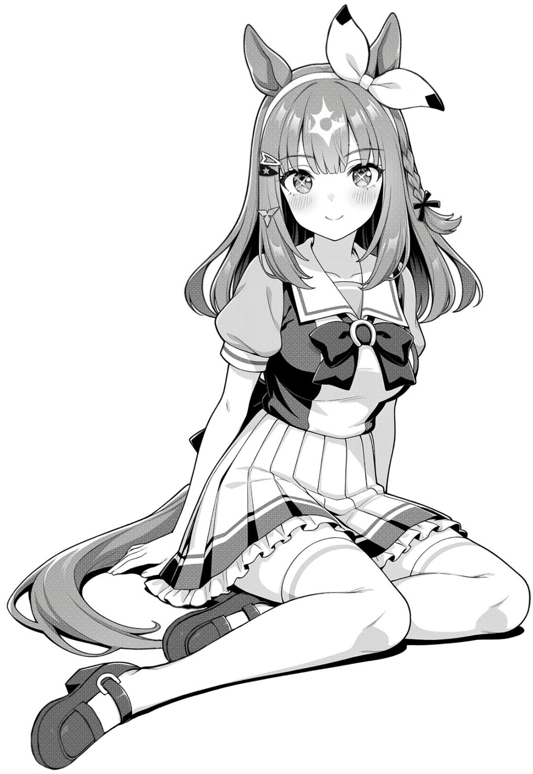 akagi koku, almond eye (umamusume), umamusume, commentary, highres, + +, 1girl, animal ears, back bow, blunt bangs, blush, bow, bow hairband, bowtie, braid, breasts, closed mouth, collarbone, frilled skirt, frills, full body, greyscale, hairband, horse ears, horse girl, horse tail, large breasts, long hair, looking at viewer, monochrome, pleated skirt, sailor collar, school uniform, shirt, shoes, short sleeves, simple background, sitting, skirt, smile, solo, tail, thighhighs, tracen school uniform, zettai ryouiki