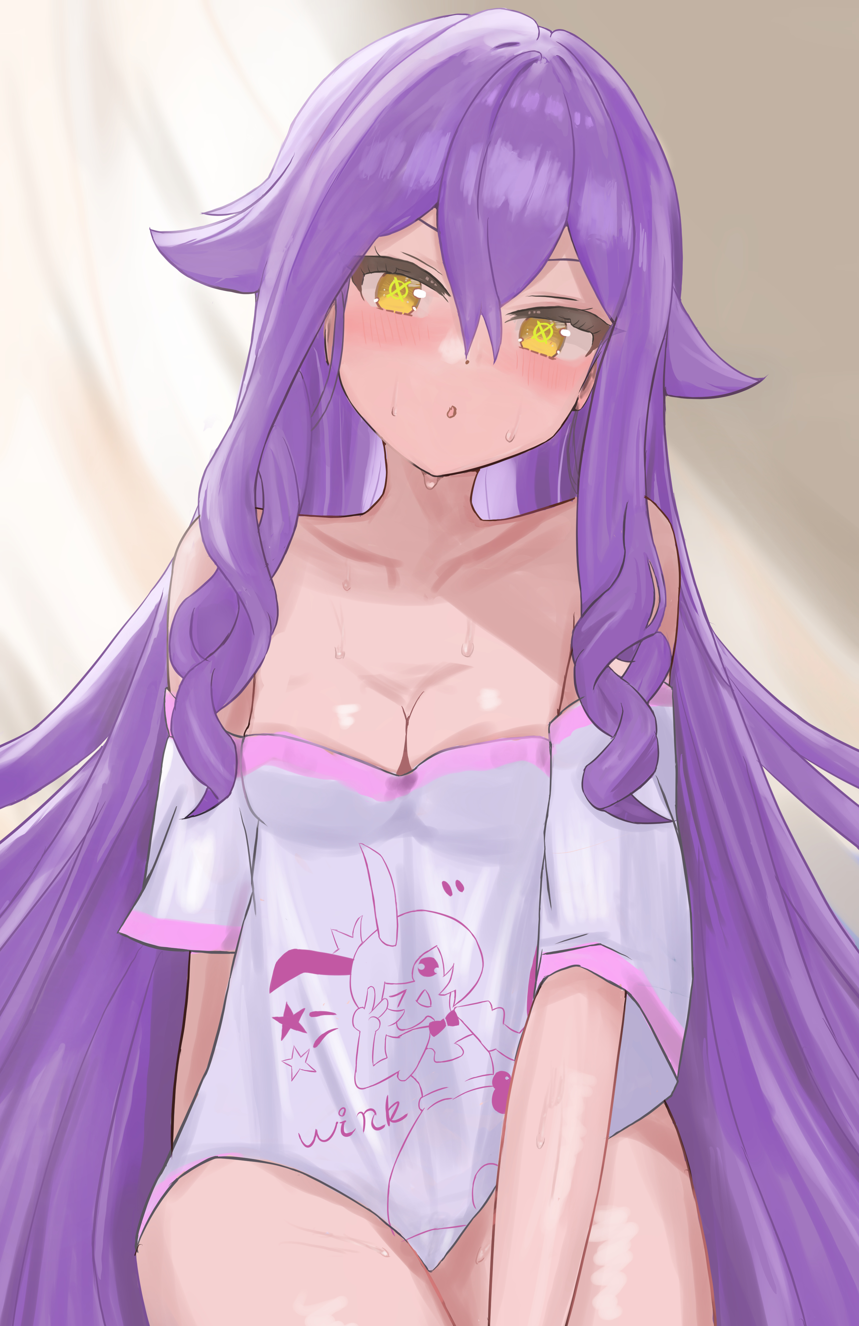 masita (kcsf3528), sirin, sirin (miracle magical girl), theresa apocalypse, theresa apocalypse (magic girl teriri), theresa apocalypse (sakuno rondo), honkai (series), honkai impact 3rd, absurdres, highres, 2girls, bare shoulders, blush, breasts, cleavage, collarbone, long hair, looking at viewer, multiple girls, open mouth, purple hair, small breasts, solo, sweat, yellow eyes