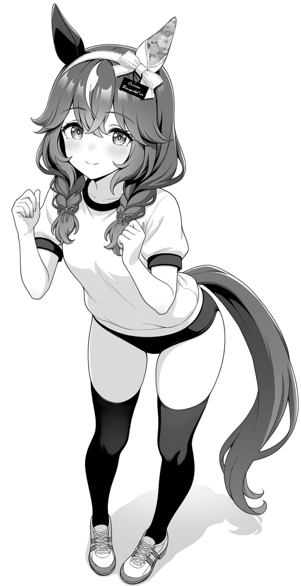 akagi koku, curren bouquetd'or (umamusume), umamusume, commentary, highres, 1girl, animal ears, braid, buruma, closed mouth, full body, gym shirt, gym uniform, hair between eyes, hairband, hands up, horse ears, horse girl, horse tail, long hair, looking at viewer, shirt, shoes, short sleeves, simple background, smile, sneakers, solo, standing, tail, thighhighs, twin braids