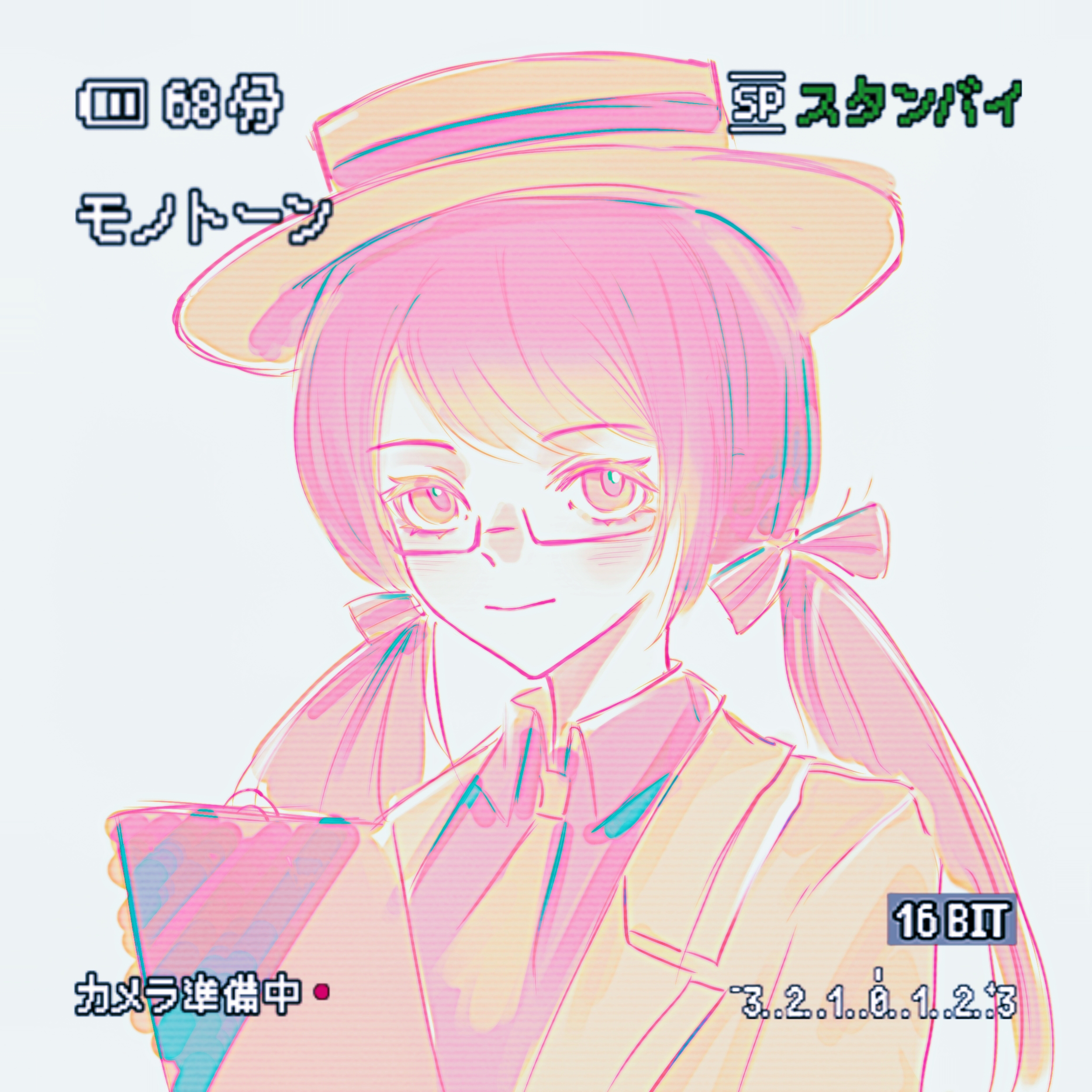 infinity nikki, nikki (series), absurdres, highres, translation request, 1girl, battery indicator, black shirt, blazer, bow, brown hat, brown jacket, brown necktie, clipboard, closed mouth, collared jacket, collared shirt, eyelashes, flawless vision (infinity nikki), glasses, grey background, gusangyin, hair bow, happy, hat, holding, holding clipboard, jacket, lapels, light blush, limited palette, long hair, long sleeves, looking at viewer, low twintails, necktie, notched lapels, open clothes, open jacket, pink hair, shirt, simple background, smile, solo, striped bow, twintails, upper body