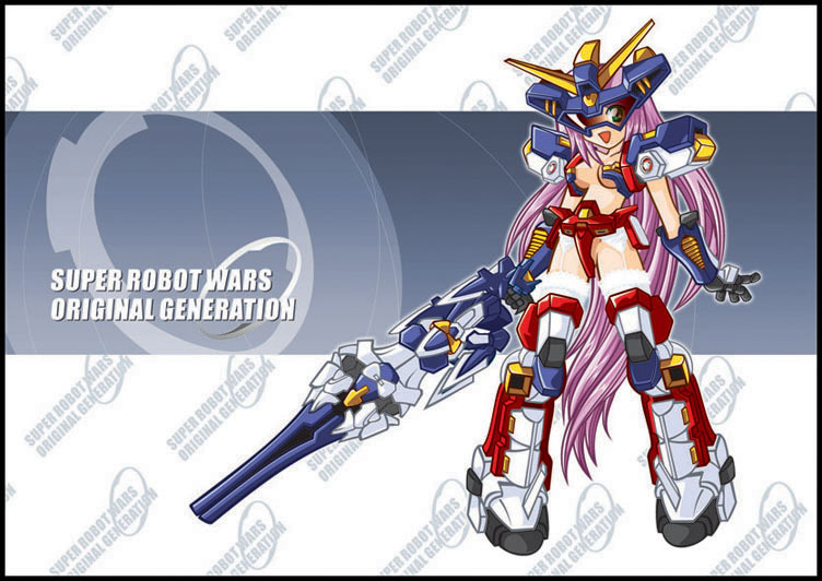 srx, banpresto, super robot wars, 1girl, armor, armored boots, blue background, bodysuit, boots, female focus, full body, huge weapon, letterboxed, machinery, mecha musume, pauldrons, pigeon-toed, r-gun, shoulder armor, simple background, solo, standing, text focus, thigh boots, thighhighs, weapon