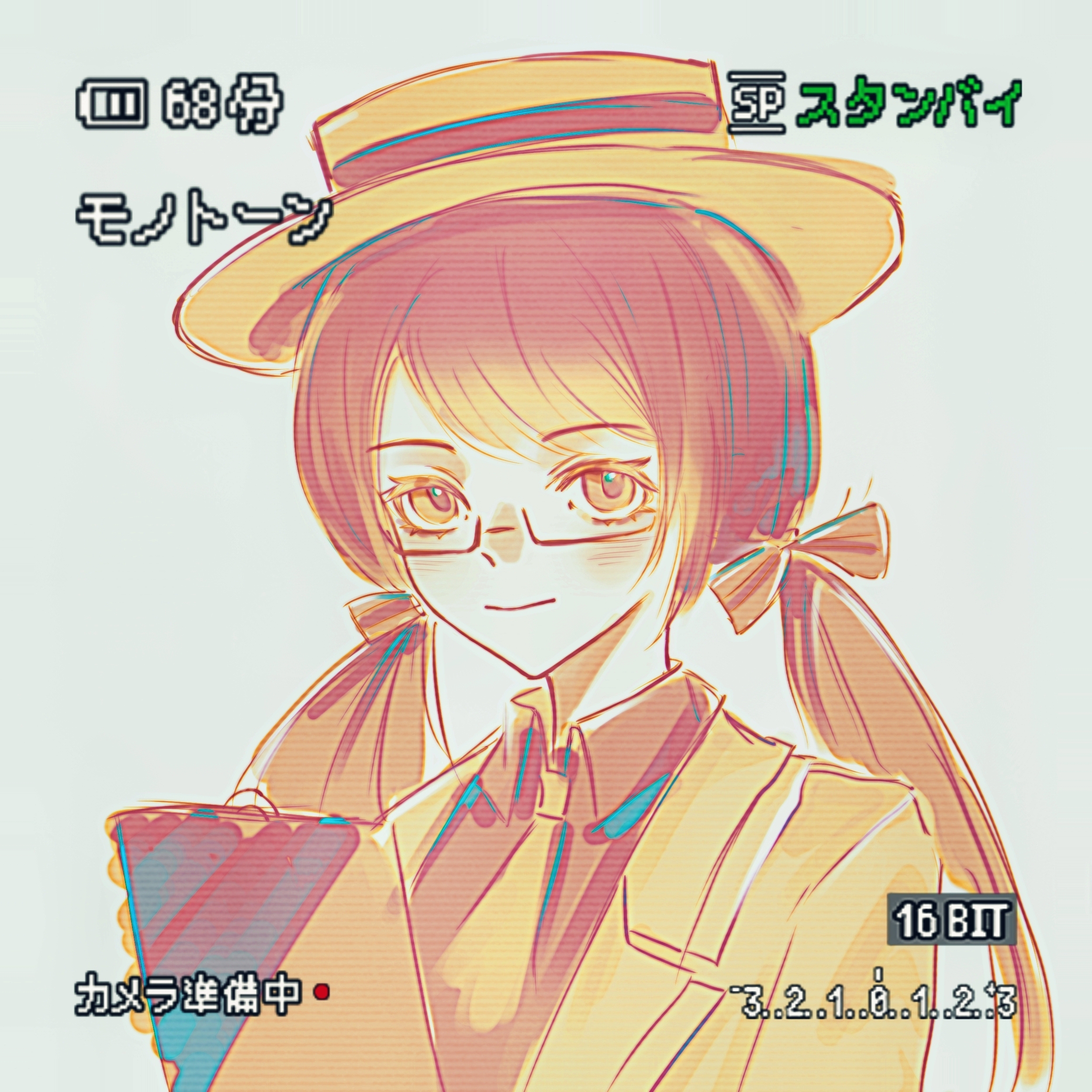 infinity nikki, nikki (series), absurdres, highres, translation request, 1girl, battery indicator, black shirt, blazer, bow, brown hair, brown hat, brown jacket, brown necktie, clipboard, closed mouth, collared jacket, collared shirt, eyelashes, flawless vision (infinity nikki), glasses, grey background, gusangyin, hair bow, happy, hat, holding, holding clipboard, jacket, lapels, light blush, long hair, long sleeves, looking at viewer, low twintails, necktie, notched lapels, open clothes, open jacket, shirt, simple background, smile, solo, striped bow, twintails, upper body