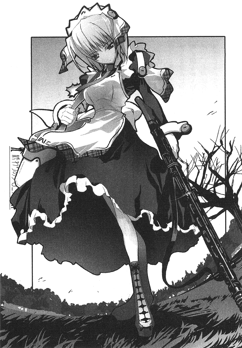 satoyasu, sein frau, owari no chronicle, highres, 1girl, female focus, greyscale, gun, machine gun, maid, mg 42, monochrome, rifle, sf (owari no chronicle), solo, weapon