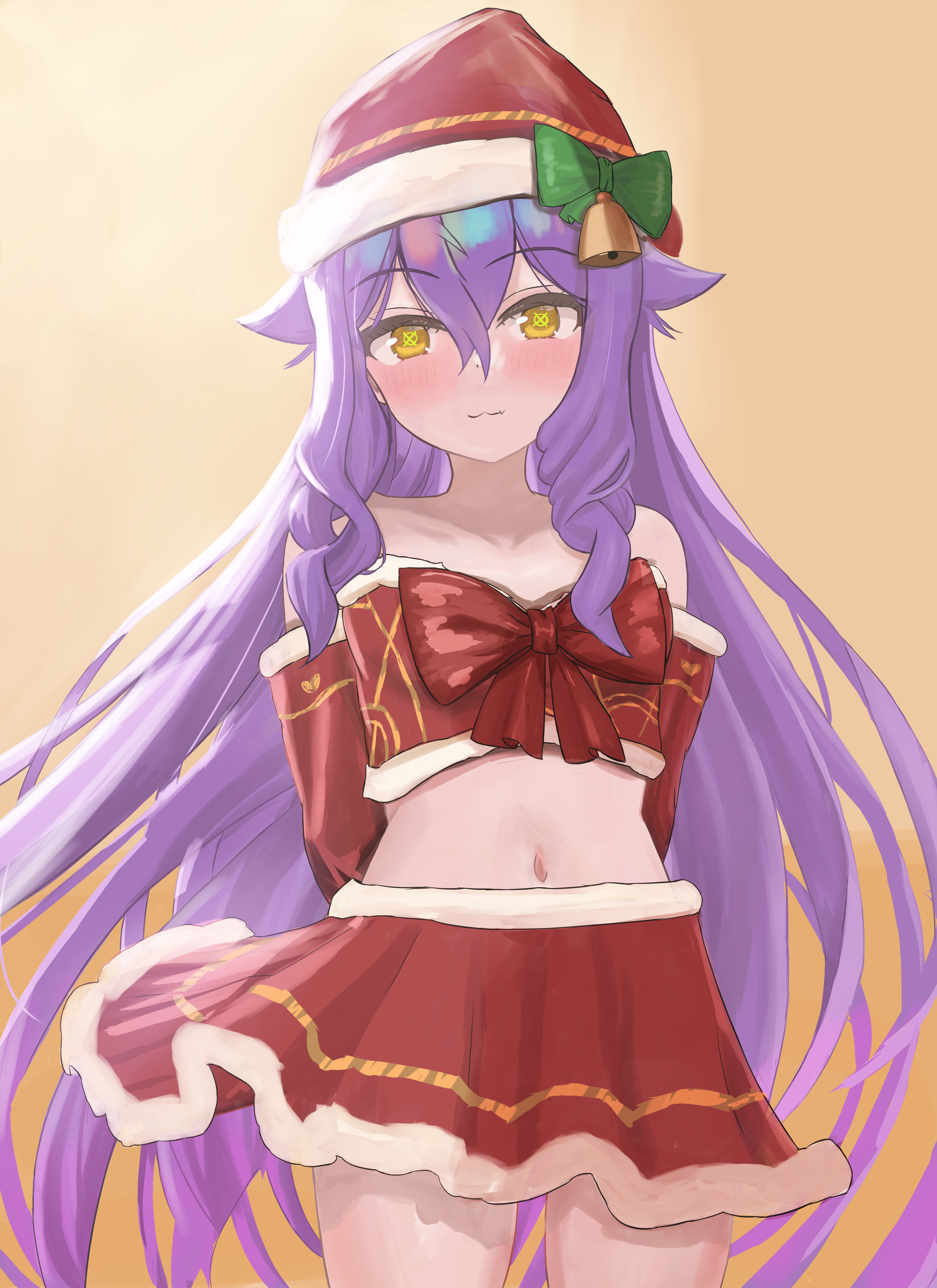 masita (kcsf3528), sirin, sirin (miracle magical girl), honkai (series), honkai impact 3rd, absurdres, highres, 1girl, bare shoulders, bell, blush, christmas, collarbone, detached sleeves, hat, long hair, looking at viewer, purple hair, red skirt, santa hat, skirt, solo, yellow eyes