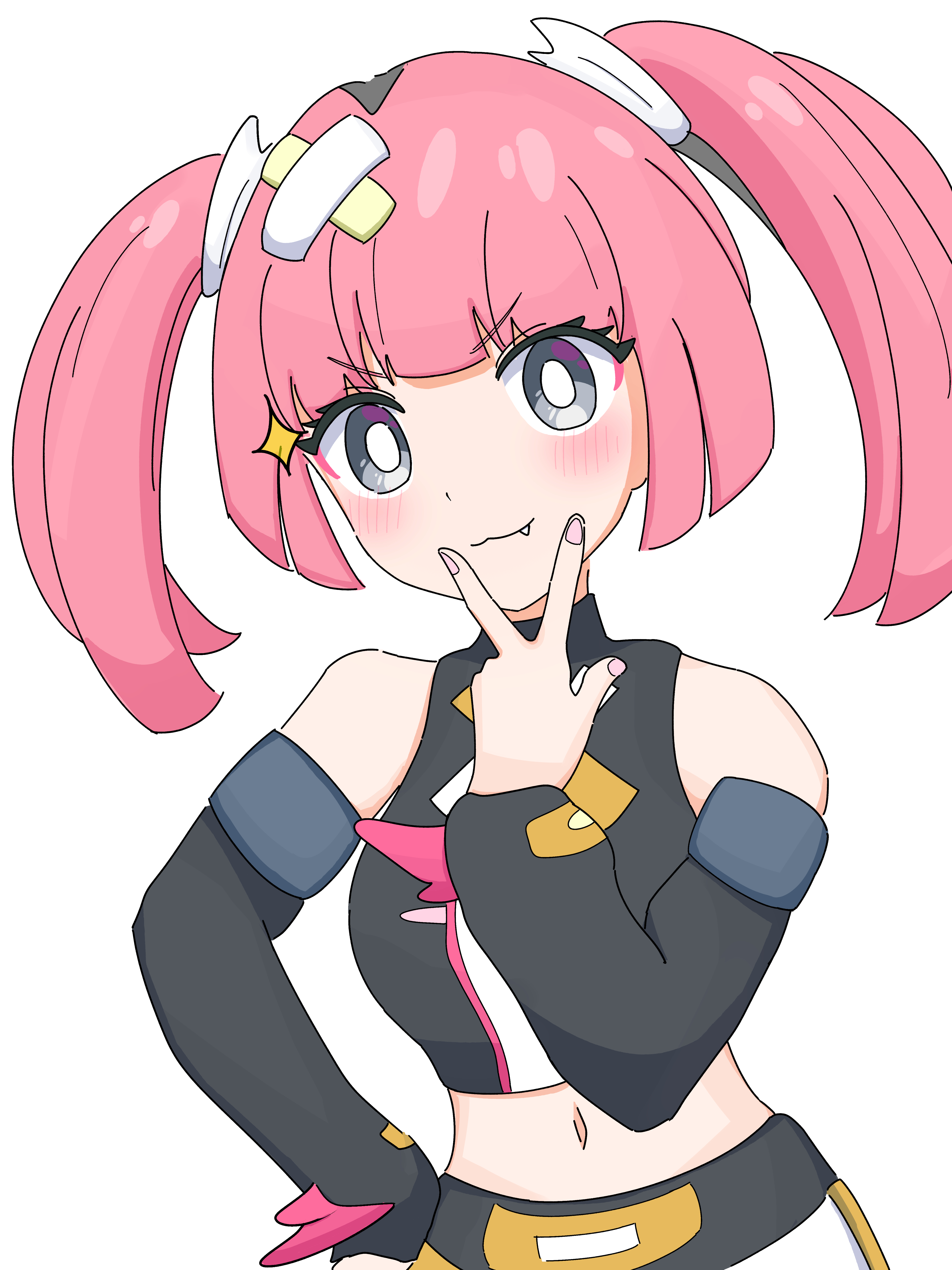 sou (nekomame12345), coral (pokemon), nintendo, pokemon, pokemon (anime), pokemon horizons, absurdres, highres, 1girl, bandaid, bandaid hair ornament, black eyes, black hair, blush, closed mouth, crop top, detached sleeves, fang, hair ornament, long sleeves, looking at viewer, midriff, multicolored hair, navel, pink hair, pink nails, smile, solo, twintails, two-tone hair, w, w over mouth, white background