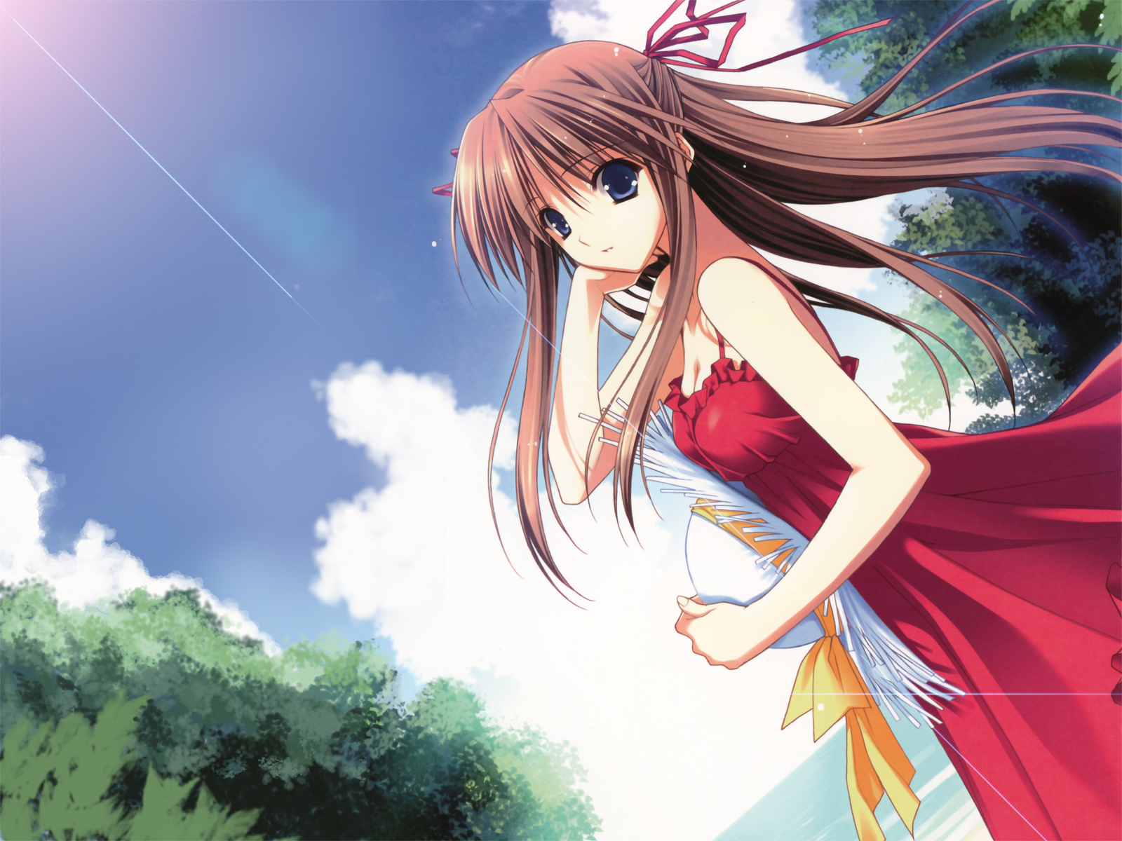 suzuhira hiro, highres, blue eyes, brown hair, dress, hat, long hair, ribbon, sky, smile, solo
