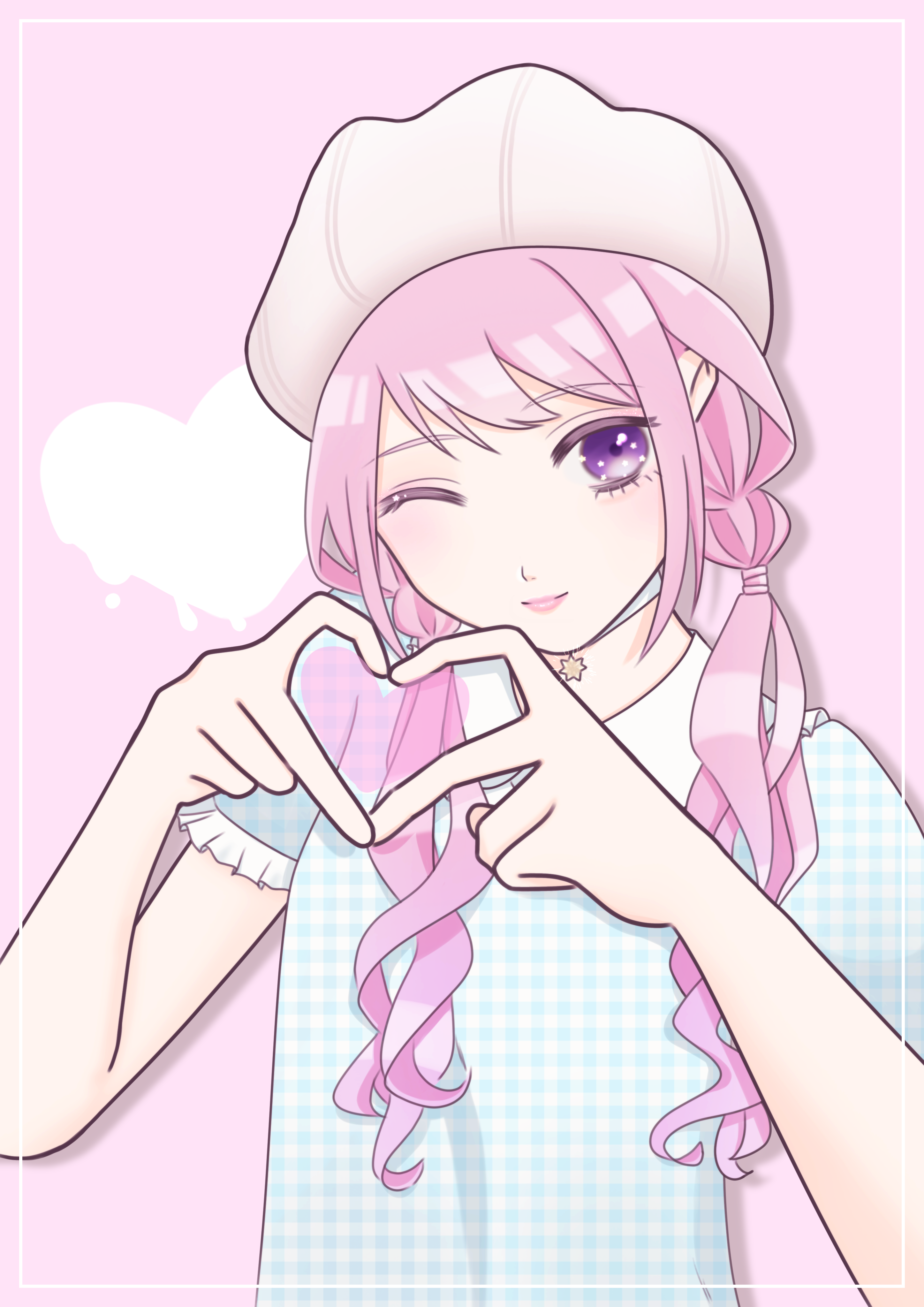 nikki (series), shining nikki, absurdres, commentary request, highres, bare shoulders, beanie, blue choker, blue shirt, choker, closed mouth, collared shirt, dripping, eyelashes, frilled sleeves, frills, hair over shoulder, hair tie, hat, heart, heart hands, light blush, lipstick, long hair, low twintails, makeup, one eye closed, pink background, pink hair, pink lips, plaid clothes, plaid shirt, puffy short sleeves, puffy sleeves, purple eyes, shinenk karen, shirt, short sleeves, smile, star (symbol), star choker, stylist (nikki), twintails, unmoving pattern, wavy hair, white hat