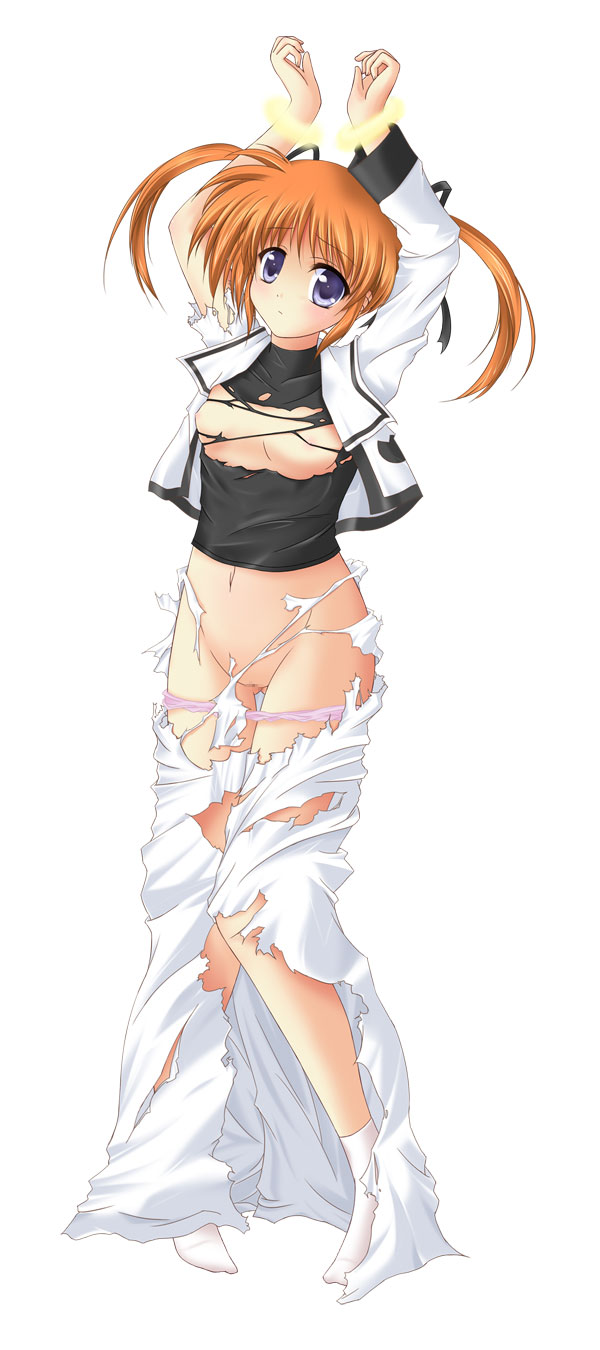 amicis, takamachi nanoha, lyrical nanoha, mahou shoujo lyrical nanoha, white legwear, highres, 00s, 1girl, bdsm, black shirt, bondage, bound, breasts, brown hair, censored, female focus, loli, long skirt, nipples, panties, panty pull, pink panties, purple eyes, pussy, school uniform, seishou elementary school uniform, shirt, skirt, small breasts, solo, torn clothes, twintails, underwear, vest, white skirt, white vest