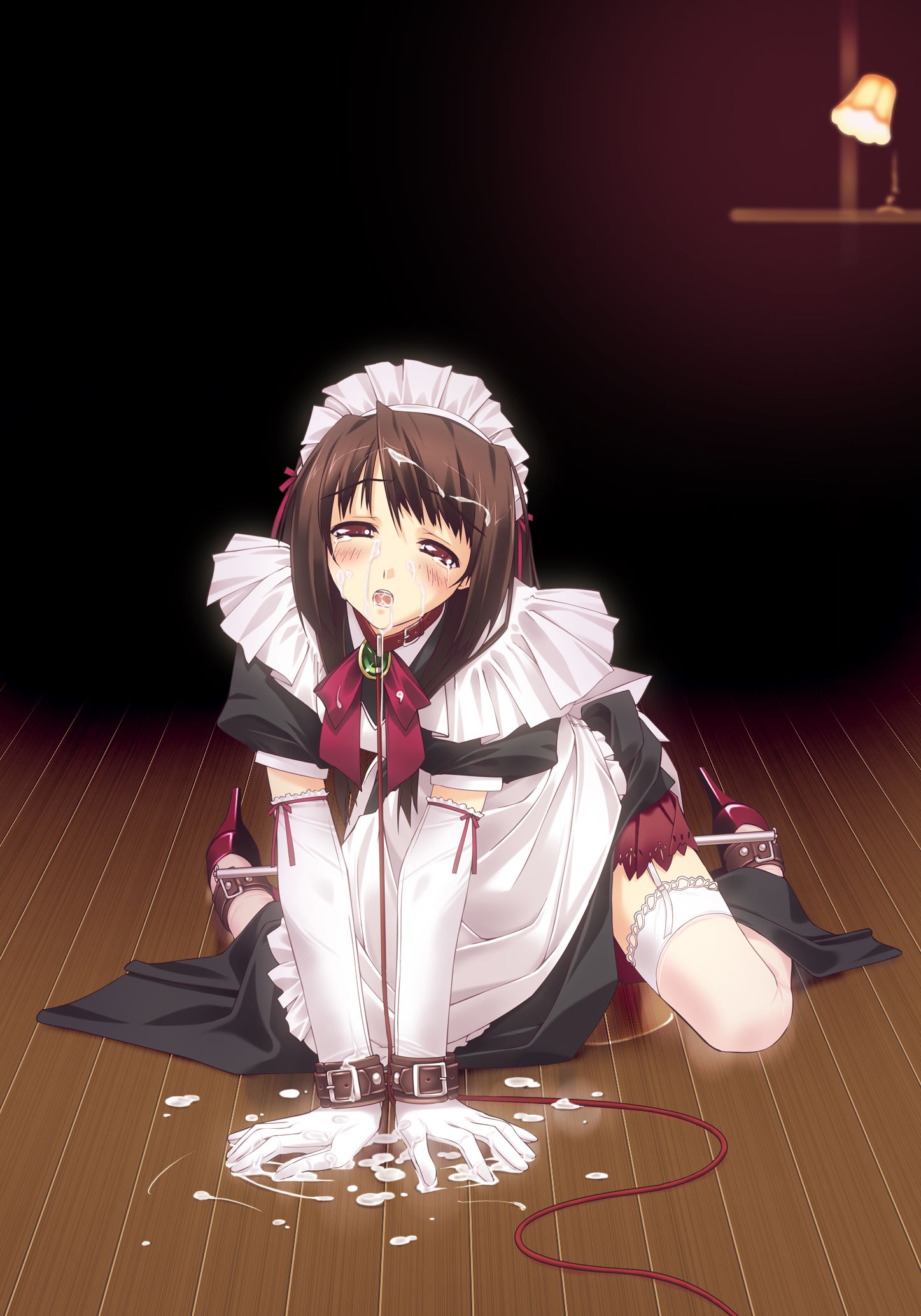 murakami suigun, f-ism, original, highres, 1girl, all fours, arm support, bdsm, blush, bondage, bound, brown hair, collar, cum, cum in mouth, cum on body, facial, female focus, garter straps, gloves, high heels, kneeling, maid, pet play, red shoes, shoes, solo, spreader bar, tears