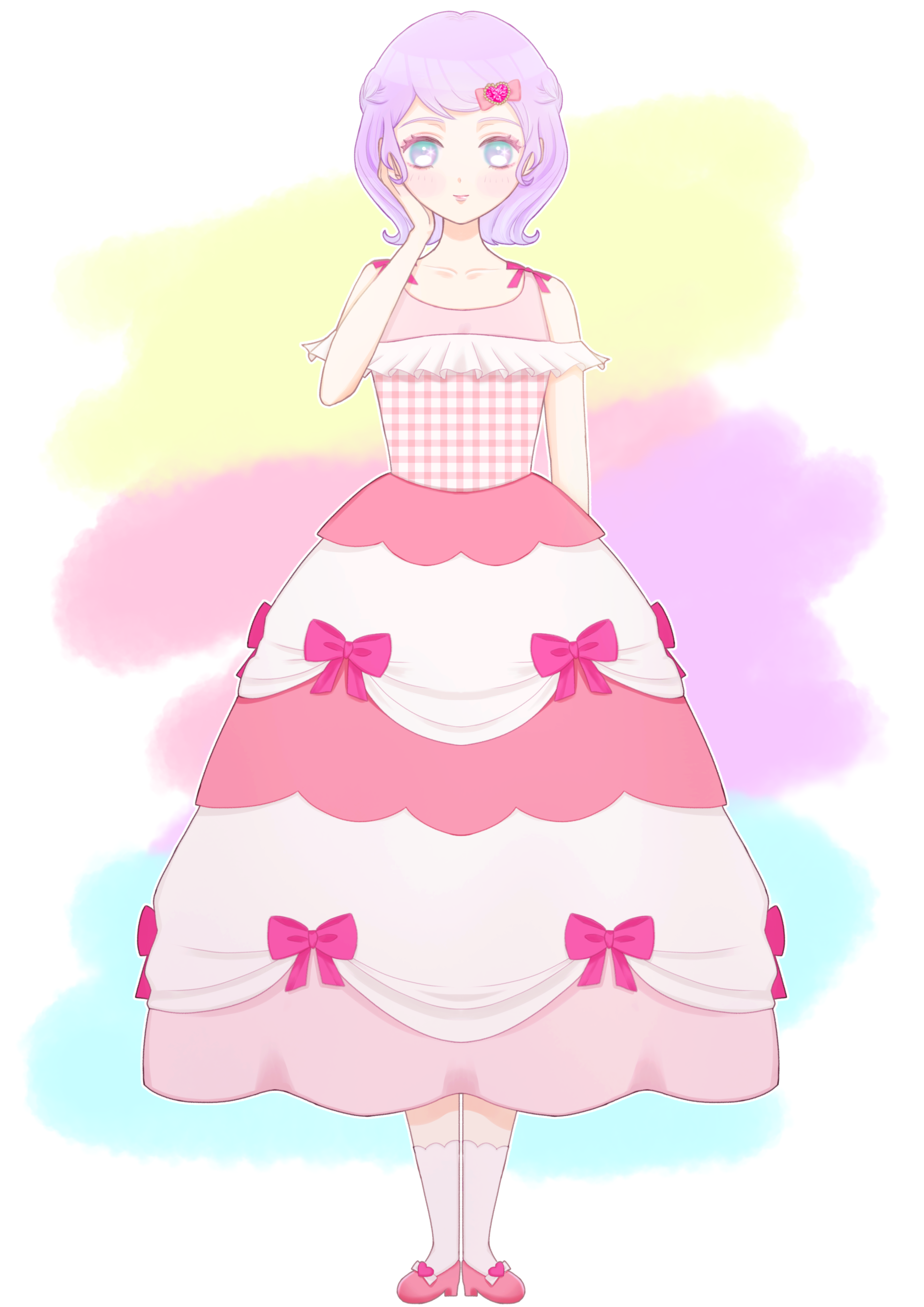 nikki (series), original, shining nikki, absurdres, commentary request, highres, 1girl, ankle socks, aqua eyes, bare arms, bare shoulders, border, bow, closed mouth, collarbone, colorful background, detached sleeves, dot nose, dress, dress bow, eyelashes, footwear bow, frilled dress, frilled sleeves, frills, full body, hair bow, hair ornament, hand on own cheek, hand on own face, happy, heart, heart hair ornament, high heels, light blush, lipstick, long dress, makeup, outside border, pink bow, pink dress, pink lips, pink shoes, plaid clothes, plaid dress, pumps, purple hair, shinenk karen, shoes, short hair, short sleeves, sleeveless, sleeveless dress, smile, socks, solo, standing, straight-on, striped bow, white border, white bow, white sleeves, white socks