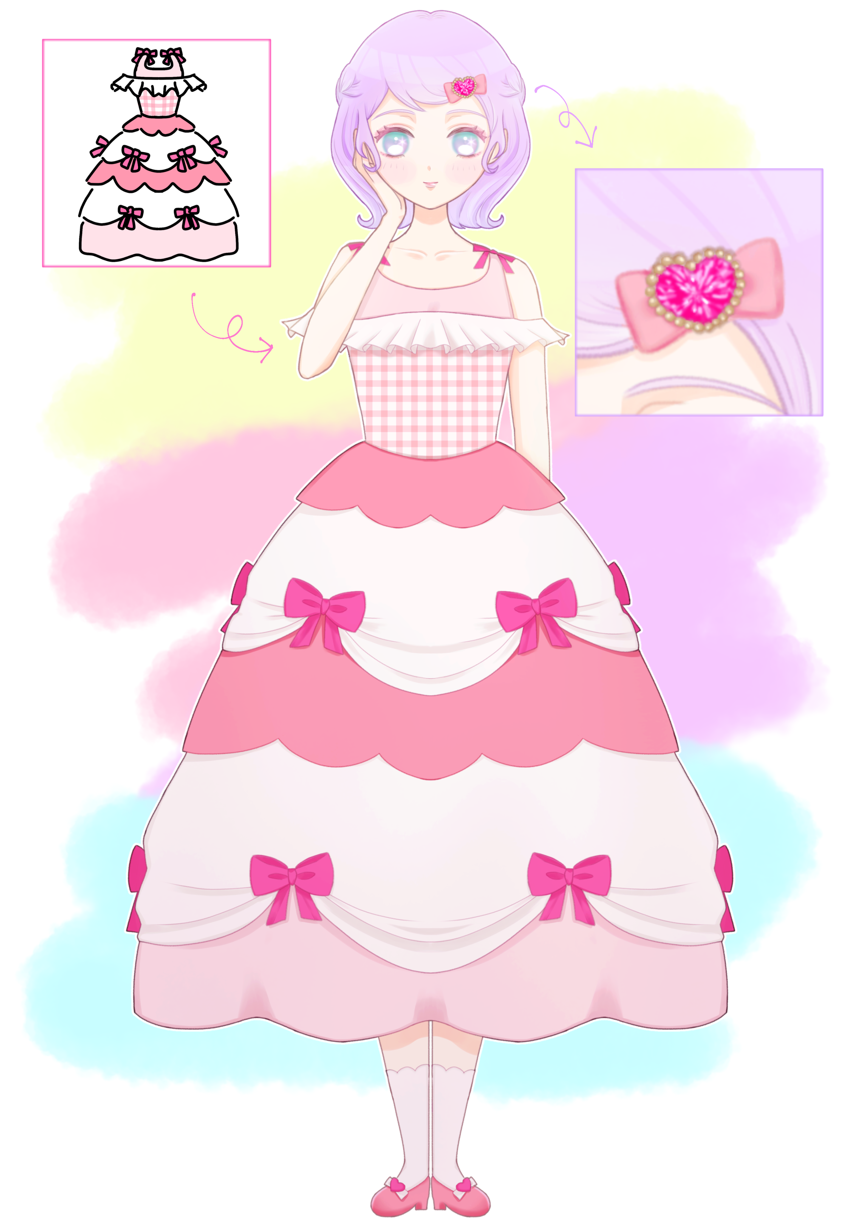 nikki (series), original, shining nikki, absurdres, commentary request, highres, 1girl, ankle socks, aqua eyes, arrow (symbol), bare arms, bare shoulders, border, bow, close-up, closed mouth, collarbone, colorful background, detached sleeves, dot nose, dress, dress bow, eyelashes, footwear bow, frilled dress, frilled sleeves, frills, full body, hair bow, hair ornament, hand on own cheek, hand on own face, happy, heart, heart hair ornament, high heels, light blush, lipstick, long dress, makeup, outside border, pink bow, pink dress, pink lips, pink shoes, plaid clothes, plaid dress, pumps, purple hair, reference sheet, shinenk karen, shoes, short hair, short sleeves, sleeveless, sleeveless dress, smile, socks, solo, standing, straight-on, striped bow, white border, white bow, white sleeves, white socks