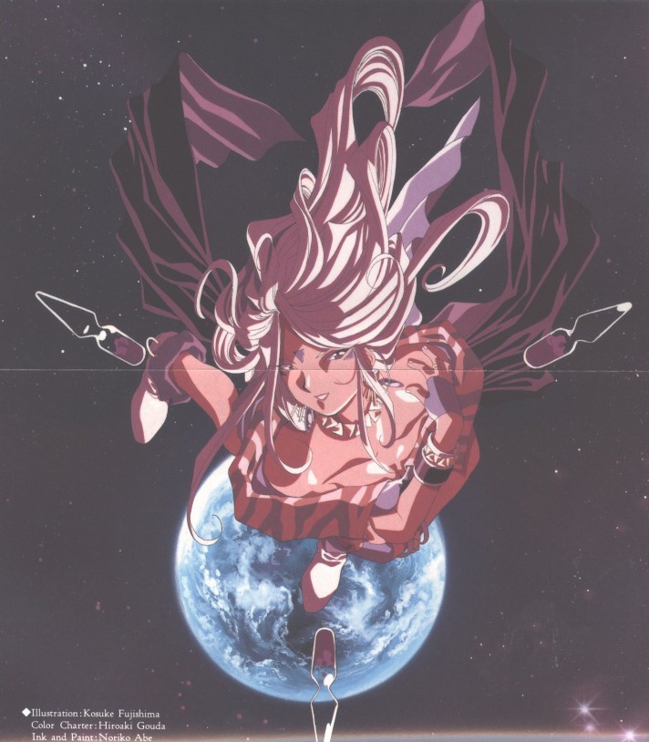 fujishima kousuke, urd (aa megami-sama), aa megami-sama, artbook, scan, scan artifacts, 1990s (style), 1girl, earth (planet), facial mark, female focus, forehead mark, planet, retro artstyle, solo, space