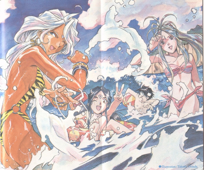 honda takeshi, belldandy, morisato keiichi, skuld (aa megami-sama), urd (aa megami-sama), aa megami-sama, artbook, scan, 1990s (style), 3girls, afloat, ahoge, animal print, antenna hair, ass, ball, bandeau, barefoot, beachball, bikini, black hair, blonde hair, blue eyes, blue hair, bracelet, cloud, crease, dark-skinned female, dark skin, day, earrings, facial mark, feet, forehead mark, gradient hair, happy, innertube, jewelry, looking back, multicolored hair, multiple girls, ocean, one-piece swimsuit, one eye closed, open mouth, outdoors, ponytail, retro artstyle, shading eyes, side-tie bikini bottom, sky, slingshot swimsuit, soles, spiked bracelet, spikes, splashing, strapless, swim ring, swimsuit, tiger print, tube top, v, wading, watch, water, waves, white hair, wink, wristwatch, yellow eyes