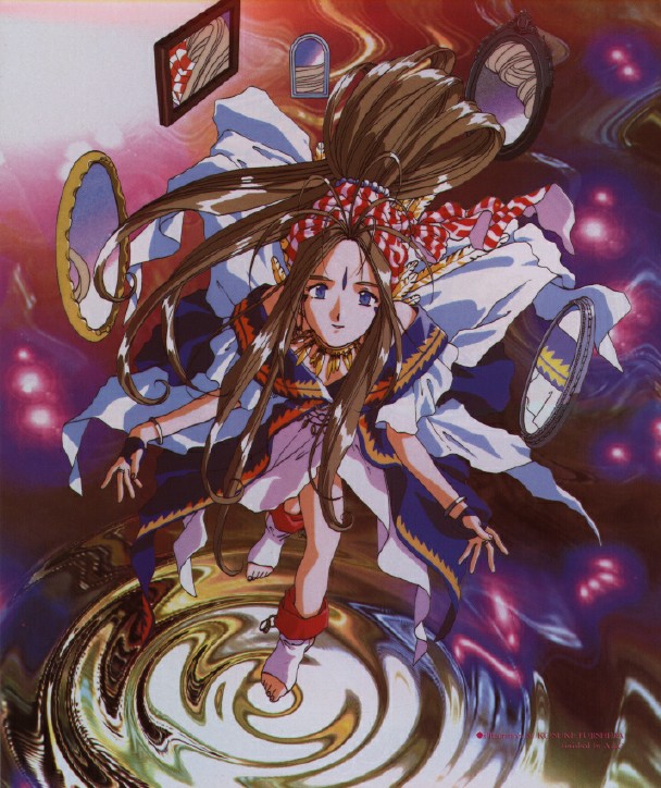 fujishima kousuke, belldandy, aa megami-sama, artbook, 1990s (style), 1girl, blue eyes, brown hair, facial mark, female focus, forehead mark, long hair, mirror, retro artstyle, solo, very long hair