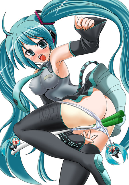 jinno kei, hatsune miku, vocaloid, 1girl, ass, breasts, covered erect nipples, female focus, huge breasts, large breasts, long hair, panties, panty pull, solo, spring onion, thighhighs, twintails, underwear, very long hair