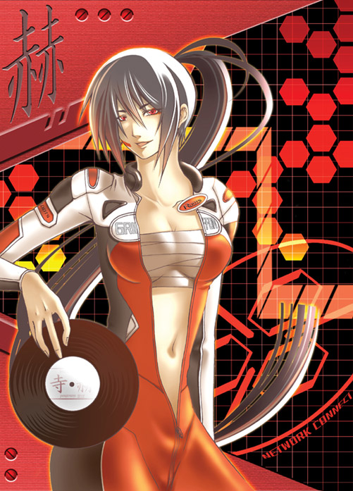 dj sakura, beatmania iidx, beatmania iidx 11 iidx red, bemani, tagme, biker clothes, bikesuit, black hair, bodysuit, catsuit, red eyes, solo