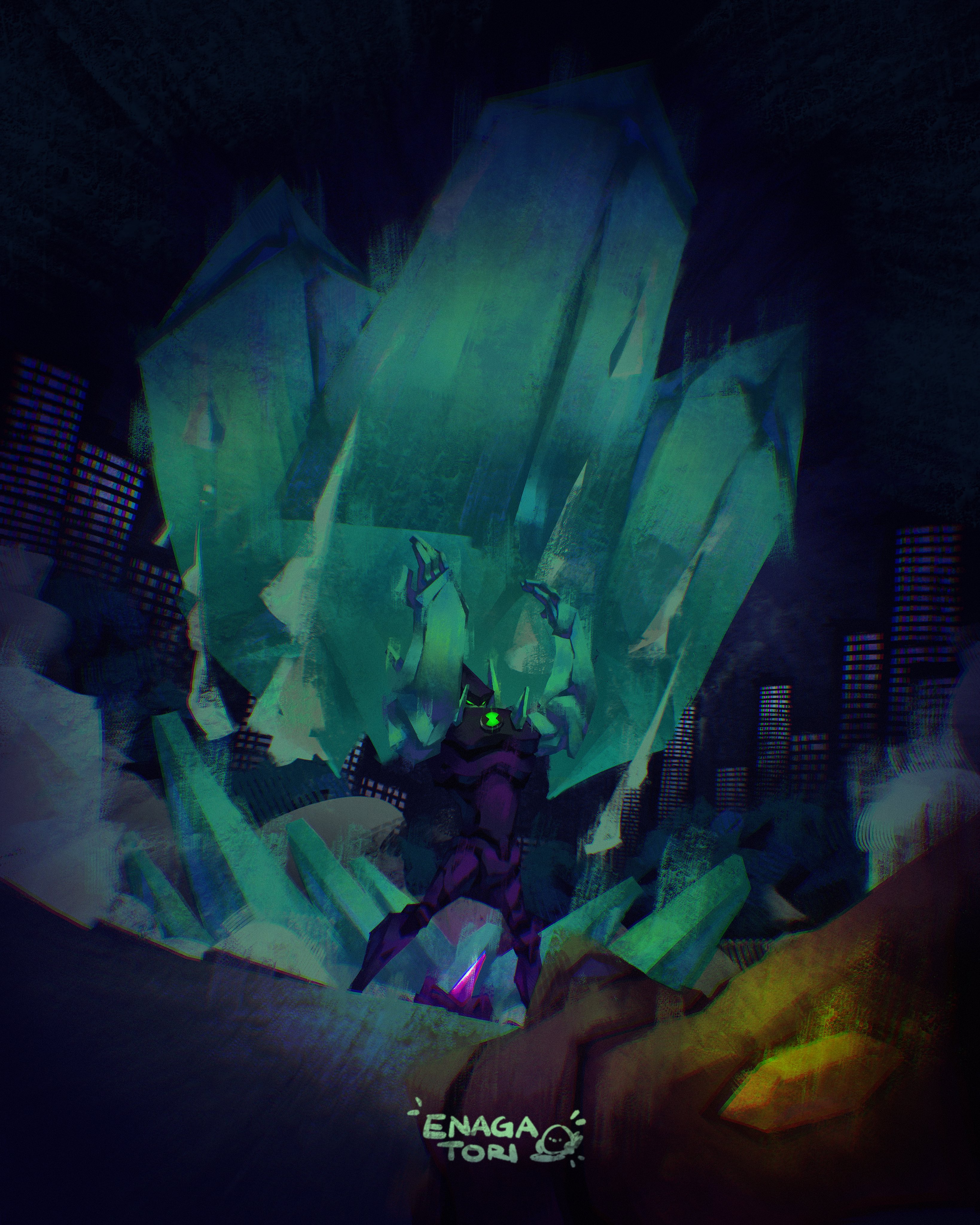 enagatori 38, diamondhead, ben 10, ben 10: alien force, absurdres, commentary, english commentary, highres, 1boy, alien, building, city, crystal, crystal skin, glowing, green eyes, hands up, male focus, night, no humans, omnitrix, outdoors, skyscraper, standing