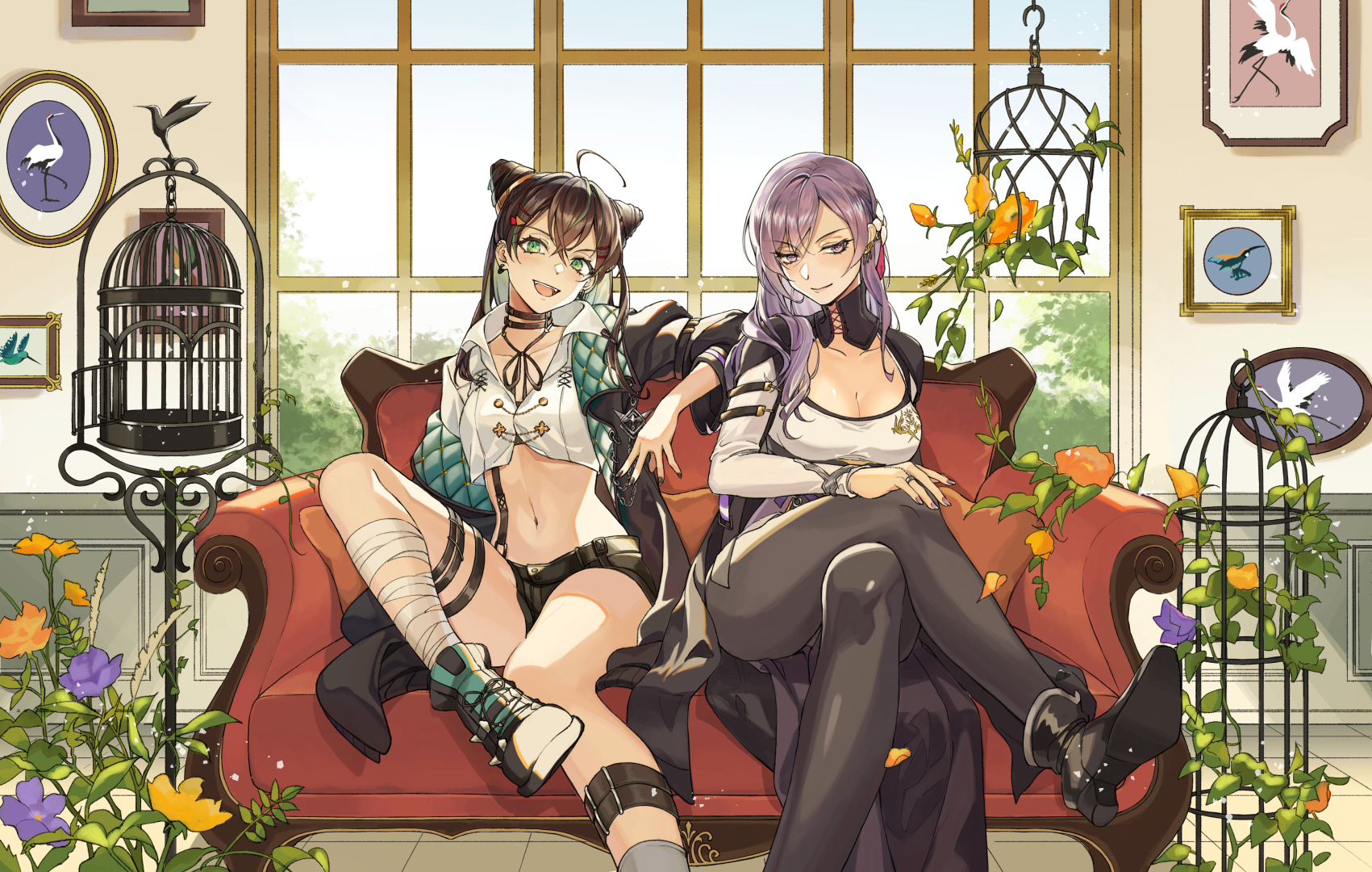 towa tsugai, highres, 2girls, ahoge, aqua socks, asymmetrical bangs, asymmetrical skirt, bandaged leg, bandages, belt, belt buckle, belt collar, bird, birdcage, black belt, black boots, black bra, black coat, black collar, black ribbon, black shoes, black shorts, black skirt, boots, bra, braid, breasts, brown hair, buckle, bud, cage, cleavage, closed mouth, coat, collar, collarbone, collared coat, collared shirt, cone hair bun, couch, crane (animal), cropped shirt, cross-laced collar, crossed bangs, crossed legs, day, denim, denim shorts, detached collar, double bun, earrings, eyelashes, fangs, flower, foot out of frame, furrowed brow, green eyes, grey pantyhose, hachidori (towa tsugai), hair between eyes, hair bun, hair ornament, hairclip, half up braid, hand on own knee, head tilt, high collar, high heel boots, high heels, indoors, jewelry, juliet sleeves, kingfisher, lapels, large breasts, leg belt, light particles, living room, long hair, long skirt, long sleeves, loose hair strand, midriff, multicolored hair, multiple belts, multiple girls, neck ribbon, notched lapels, on couch, open clothes, open coat, open mouth, orange flower, painting (object), pantyhose, petals, picture frame, puffy sleeves, purple eyes, purple flower, purple hair, ribbon, ribs, shirt, shoes, short shorts, shorts, sidelocks, sitting, skinny, skirt, sleeve belt, smile, sneakers, socks, streaked hair, tassel, tassel hair ornament, thigh belt, thigh strap, tsuru (towa tsugai), two-sided coat, two-sided fabric, underwear, white shirt, yellow flower, yuuzukii (sakurid)