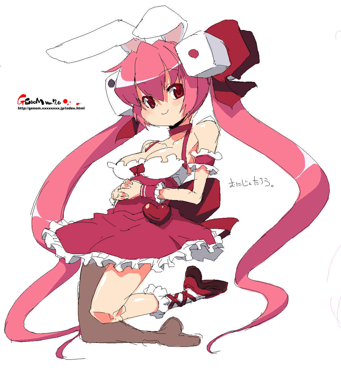 onija tarou, usada hikaru, di gi charat, 1girl, animal ears, blush, breasts, cleavage, dice, female focus, hair ornament, large breasts, long hair, oekaki, pink hair, rabbit ears, red eyes, solo, twintails, very long hair