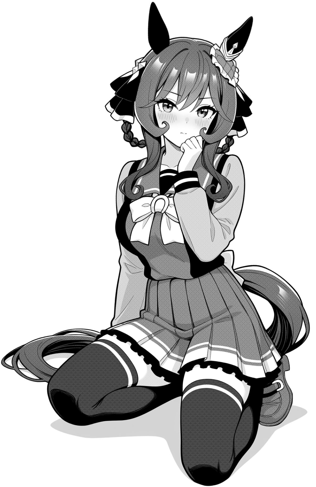 akagi koku, gentildonna (umamusume), umamusume, commentary, highres, 1girl, animal ears, back bow, blush, bow, bowtie, breasts, closed mouth, collarbone, frilled skirt, frills, full body, greyscale, hair ribbon, hand up, horse ears, horse girl, horse tail, large breasts, long hair, long sleeves, looking at viewer, monochrome, pleated skirt, ribbon, sailor collar, school uniform, shirt, shoes, simple background, sitting, skirt, solo, tail, thighhighs, tracen school uniform, zettai ryouiki