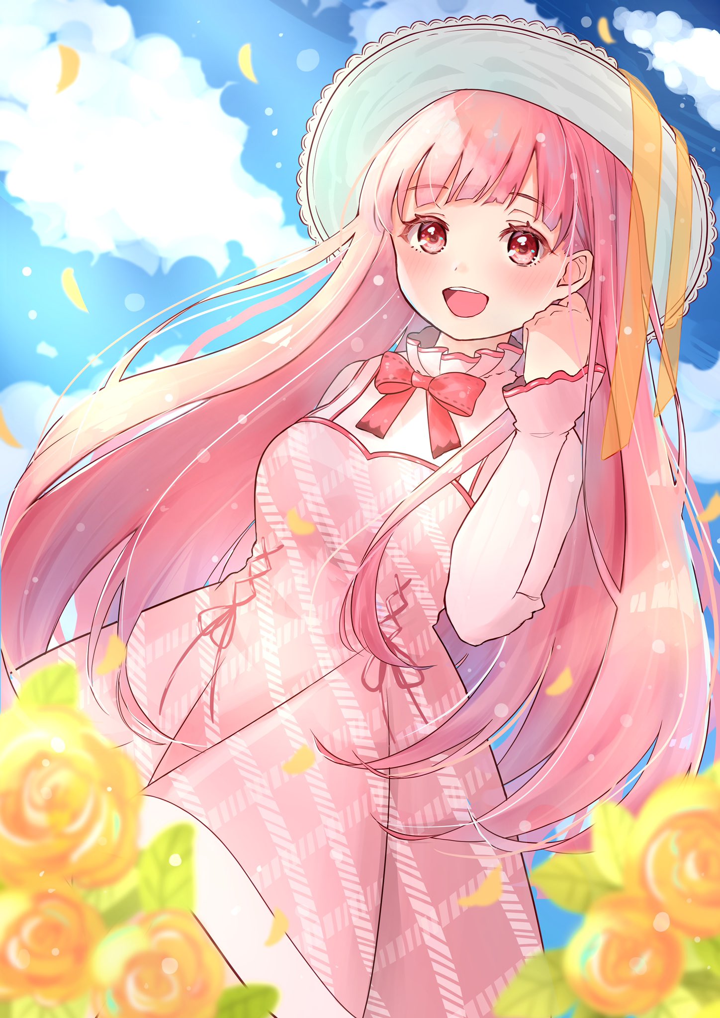 miel (miel sugar), bloom poetry (shining nikki), nikki (nikki), nikki (series), shining nikki, highres, 1girl, blue sky, blunt bangs, bow, bowtie, brown eyes, clenched hand, cloud, collared shirt, colored eyelashes, cowboy shot, cross-laced clothes, cross-laced dress, day, dot nose, dress, dress ribbon, flower, frilled shirt collar, frills, hand on own face, happy, hat, hat ribbon, high collar, lace-trimmed headwear, lace trim, light blush, light particles, light rays, long hair, long sleeves, looking at viewer, open mouth, outdoors, petals, pinafore dress, pink dress, pink hair, plaid clothes, plaid dress, pleated dress, red bow, red bowtie, red ribbon, ribbon, rose, rose petals, shirt, short dress, sky, sleeveless, sleeveless dress, sleeves past wrists, smile, solo, standing, sun hat, sunlight, tareme, teeth, upper teeth only, very long hair, white hat, white shirt, yellow flower, yellow ribbon, yellow rose