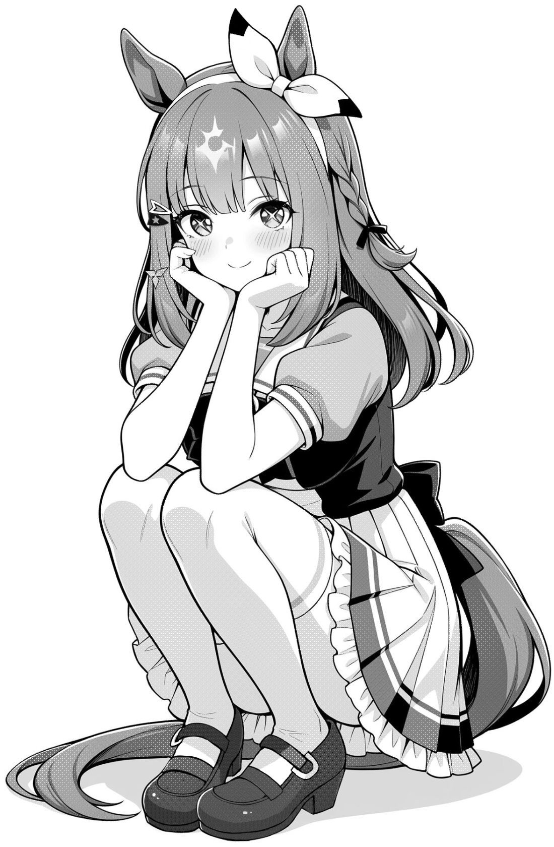 akagi koku, almond eye (umamusume), umamusume, commentary, highres, 1girl, animal ears, back bow, blunt bangs, blush, bow, bow hairband, bowtie, braid, closed mouth, frilled skirt, frills, full body, greyscale, hairband, horse ears, horse girl, horse tail, long hair, looking at viewer, monochrome, pleated skirt, sailor collar, school uniform, shirt, shoes, short sleeves, simple background, skirt, smile, solo, squatting, tail, thighhighs, tracen school uniform