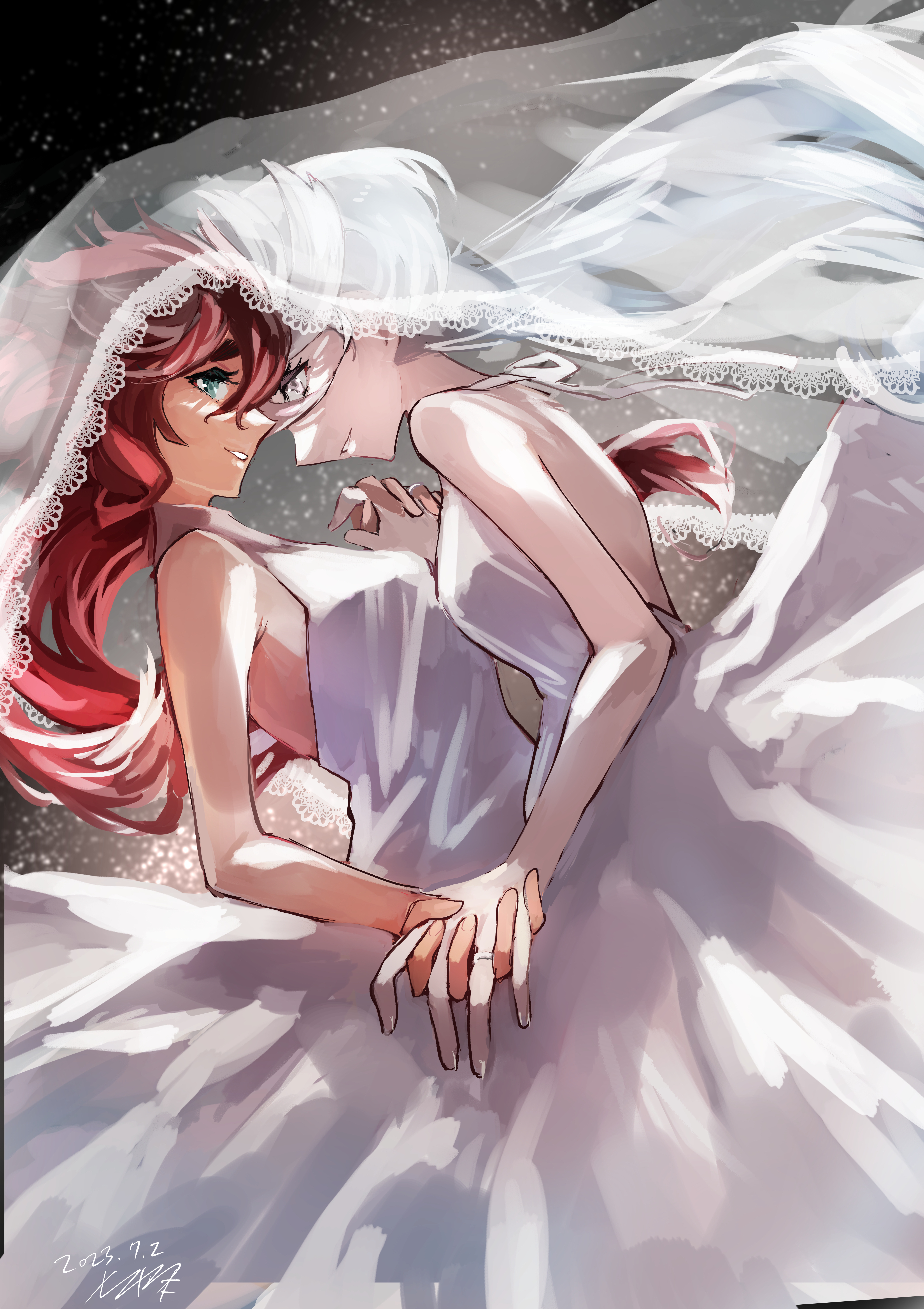 hinosaka aki, miorine rembran, suletta mercury, gundam, gundam suisei no majo, absurdres, commentary request, highres, 2girls, breasts, bridal veil, couple, dated, dress, eye contact, grey hair, grin, happy, holding hands, interlocked fingers, jewelry, long hair, looking at another, multiple girls, red hair, ring, signature, smile, veil, wedding, white dress, white veil, yuri