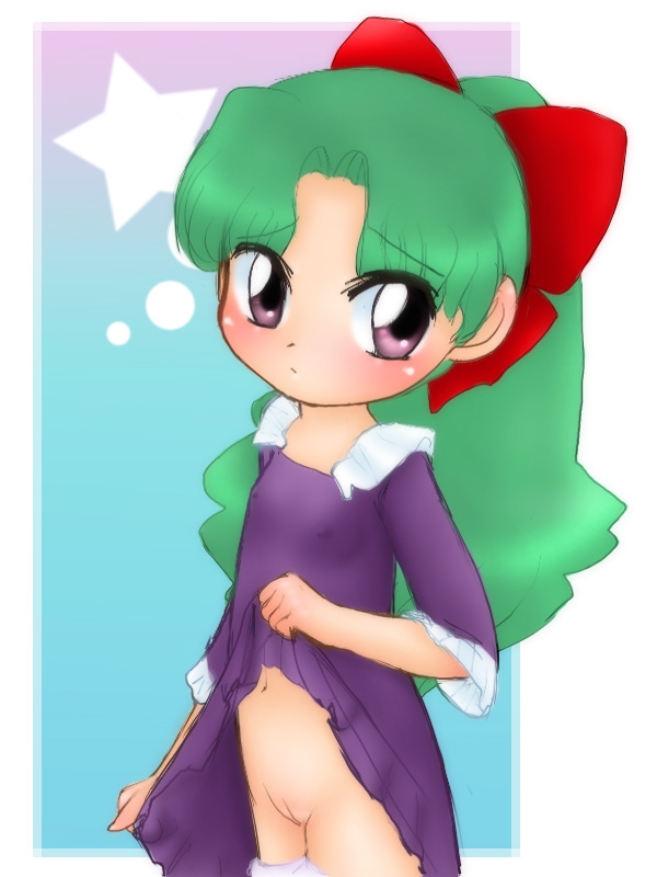 miyanii (myanie), meteor (comet-san), cosmic baton girl comet-san, cleft of venus, clothes lift, dress, dress lift, green hair, hair ribbon, loli, long hair, panties, panty pull, ponytail, purple eyes, pussy, ribbon, solo, underwear
