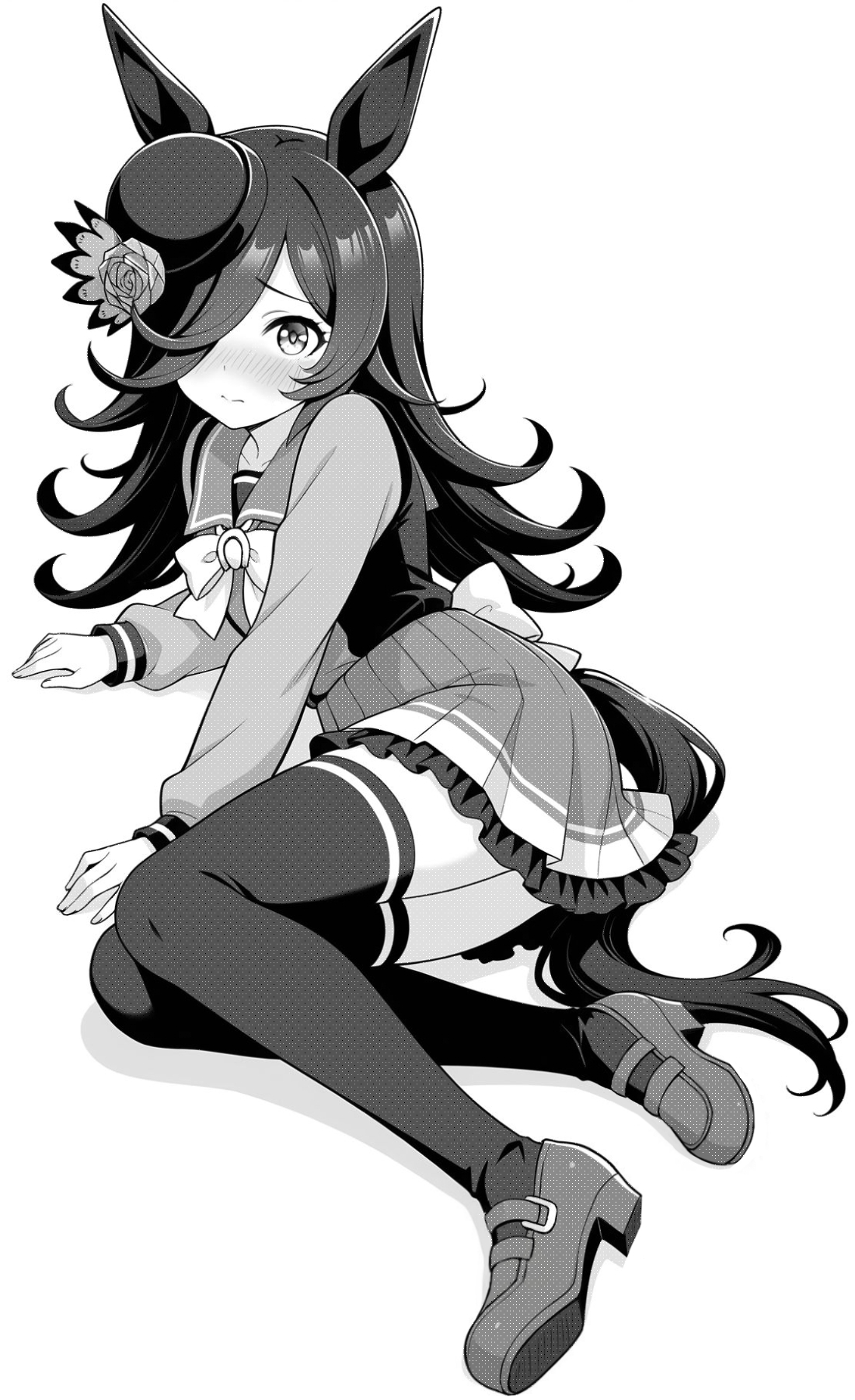 akagi koku, rice shower (umamusume), umamusume, commentary, highres, 1girl, animal ears, back bow, blush, bow, bowtie, closed mouth, frilled skirt, frills, full body, greyscale, hair over one eye, hat, horse ears, horse girl, horse tail, long hair, long sleeves, lying, monochrome, on side, pleated skirt, sailor collar, school uniform, shirt, shoes, simple background, skirt, solo, tail, thighhighs, tracen school uniform