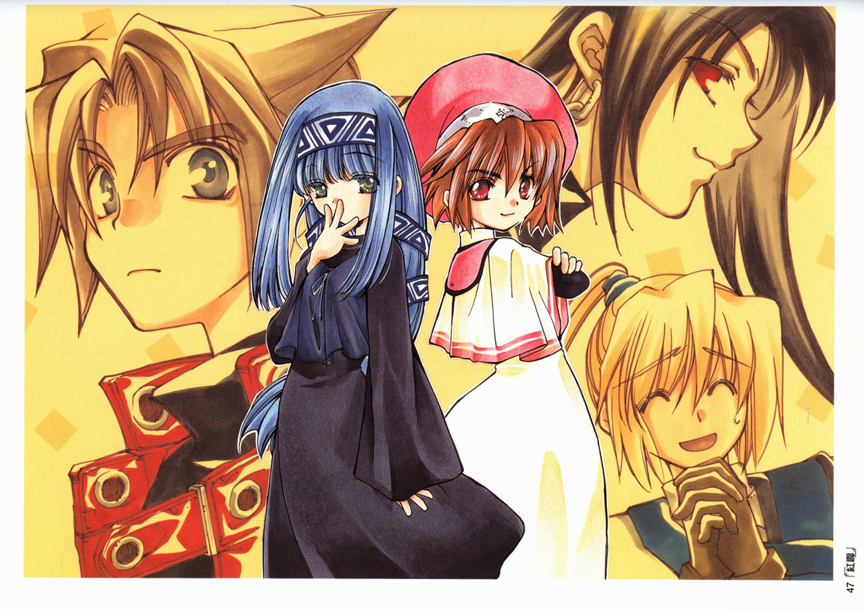 azuma mayumi, cisqua, coud van giruet, kullweet envatilia, reverie metherlence, rowen, elemental gelade, 00s, 2boys, 3girls, ^ ^, back-to-back, black dress, black hair, blonde hair, blue hair, brown hair, capelet, chain, closed eyes, crossed arms, dress, earrings, faux traditional media, gloves, green eyes, hairband, hand to own mouth, hat, jewelry, long hair, looking at viewer, multiple boys, multiple girls, open mouth, own hands clasped, own hands together, ponytail, profile, red eyes, red hair, robe, serious, short hair, smile, smirk, very long hair