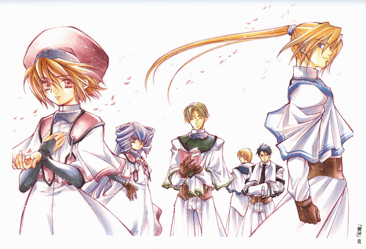 azuma mayumi, cisqua, general falk, lieutenant cruz, myna, myna (elemental gelade), rowen, sunweld, elemental gelade, uniform, 00s, 2girls, 4boys, arms at sides, black gloves, blonde hair, blue eyes, book, clenched hands, closed eyes, cowboy shot, cropped legs, dress, drill hair, elbow gloves, gloves, long hair, long sleeves, multiple boys, multiple girls, orange hair, ponytail, red eyes, short hair, simple background, smile, standing, very long hair, white background, white dress