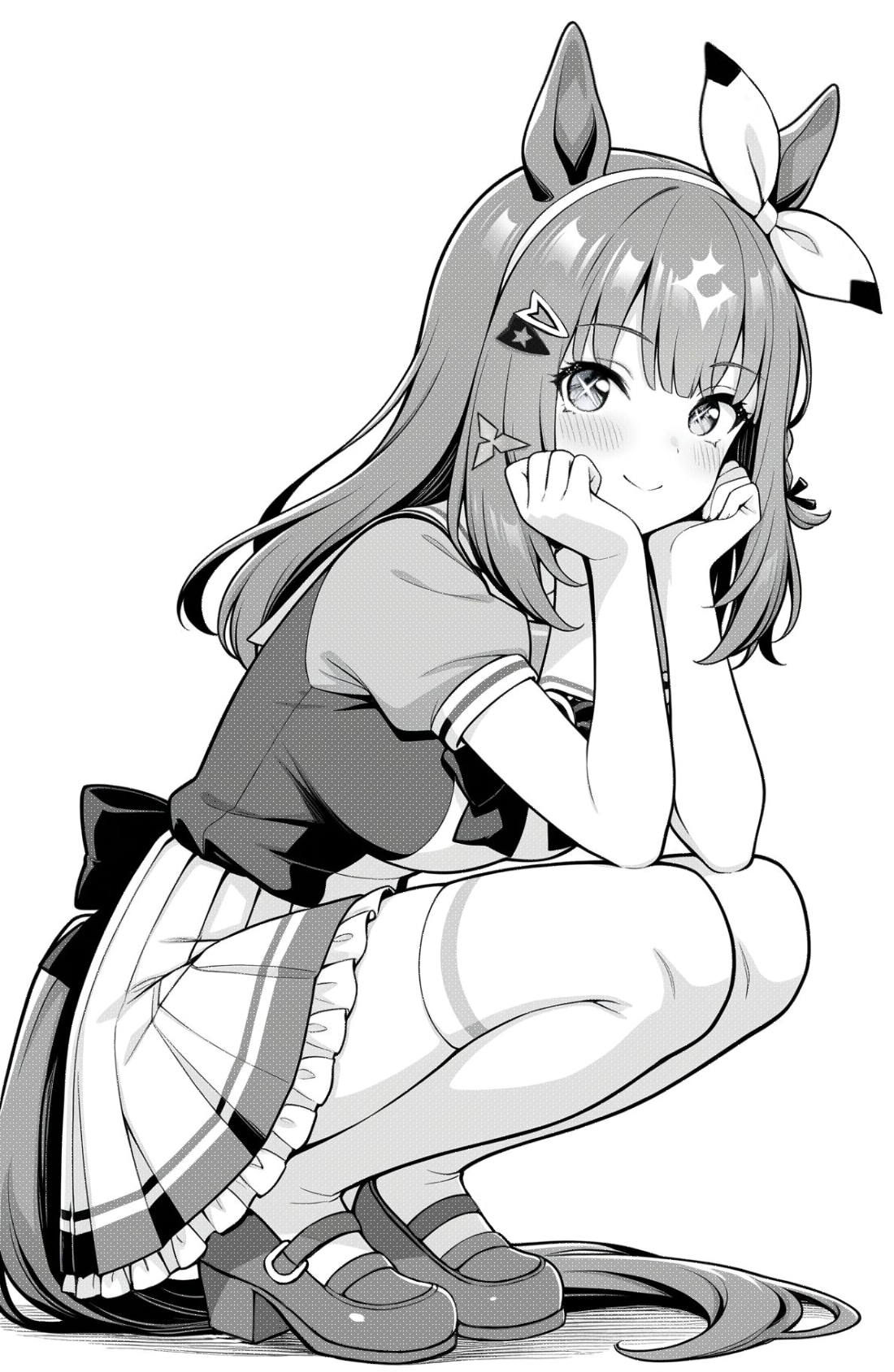 akagi koku, almond eye (umamusume), umamusume, commentary, highres, 1girl, animal ears, back bow, blush, bow, bow hairband, bowtie, breasts, closed mouth, frilled skirt, frills, full body, greyscale, hairband, head rest, horse ears, horse girl, horse tail, large breasts, looking at viewer, monochrome, pleated skirt, sailor collar, school uniform, shirt, shoes, short sleeves, simple background, skirt, smile, solo, squatting, tail, thighhighs, tracen school uniform, zettai ryouiki