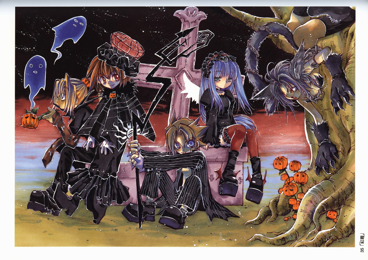 azuma mayumi, cisqua, coud van giruet, kullweet envatilia, reverie metherlence, rowen, elemental gelade, 00s, 2boys, 3girls, animal ears, ass, black hair, blonde hair, blue eyes, dark skin, fang, ghost, gloves, green eyes, halloween, jack-o'-lantern, long hair, multiple boys, multiple girls, ponytail, pumpkin, red eyes, red hair, short hair, sitting, tail, tree, wings